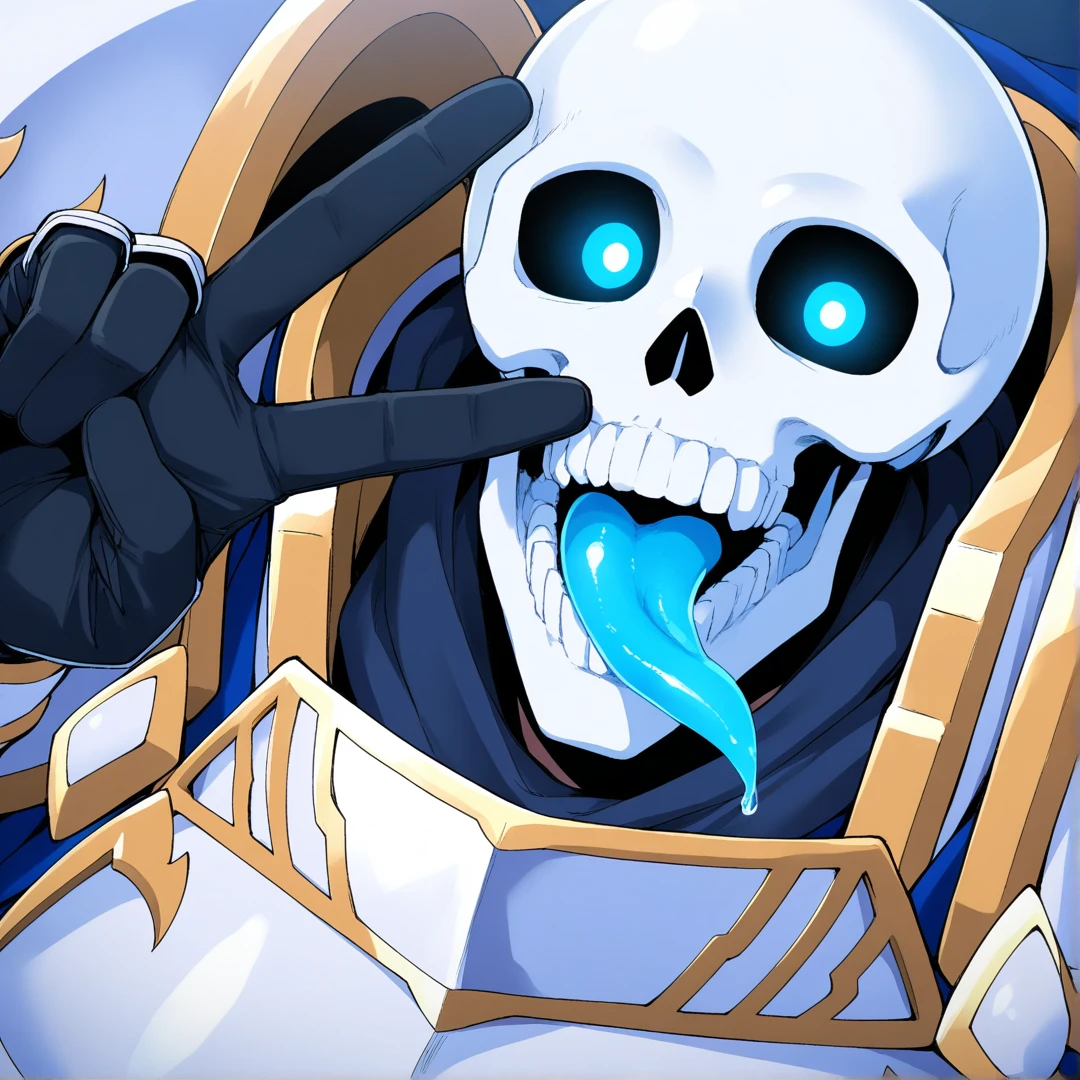 <lora:Arc:1>,arc,armor,1boy,solo,male focus,skull,blue pupils, neon blue tongue, masterpiece, v sign, implied cunnilingus,