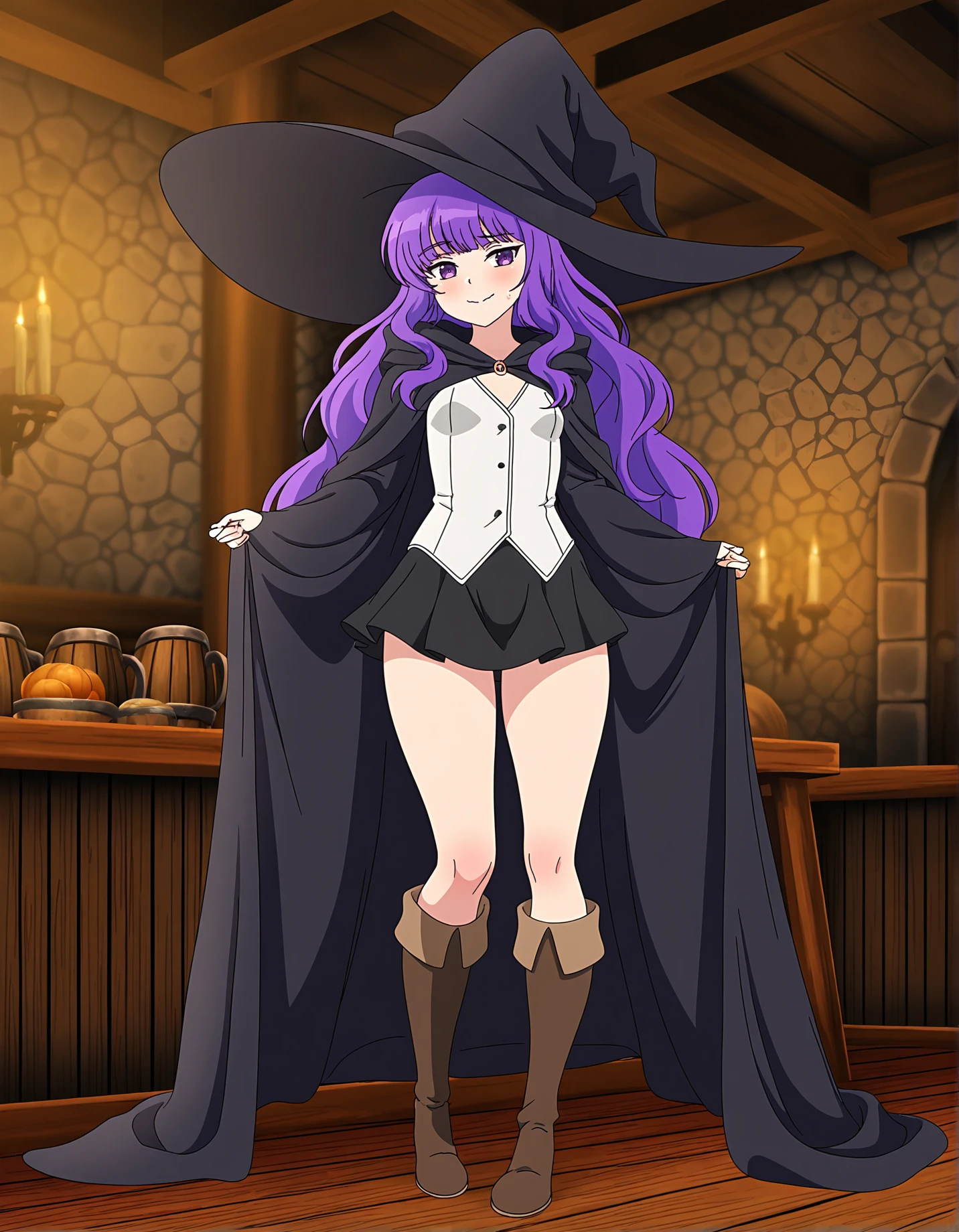 <lora:BTLeanne:0.4> btleanne, tiny , witch hat, black robe, white vest, black skirt, knee boots,
medieval fantasy tavern interior, <lora:Smooth Lighting Enhancer NoobAI:1>, SmoothNoob_Quality, best quality, masterpiece, absurdres, extreme details, standing,  pose
