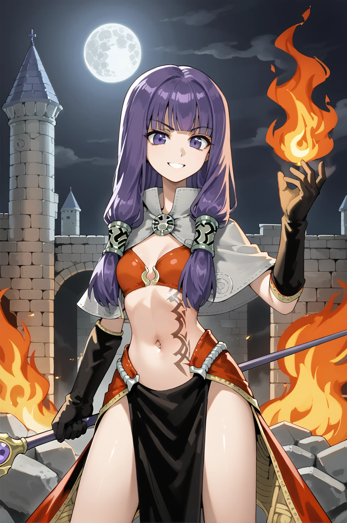<lora:mageROPonyV5.3-000007:1>
mageRo, black pelvic curtain, midriff, black elbow gloves, navel, capelet, red bikini,
tattoo, public tattoo,
1girl, solo,
purple eyes, long hair, purple hair, low twintails, stone hair tubes, sidelocks, blunt bangs,
smile, upper body, standing, hand on fire, raised hand, holding staff, fighting stance, glowing body, fire effect, fantasy background, wildfire, burning building, fire storm, (horror atmosphere), ancient stone castle, burnt stone wall, flashes of fire, magic, sorcery, nighttime, smoke, mist, moon, dim light,