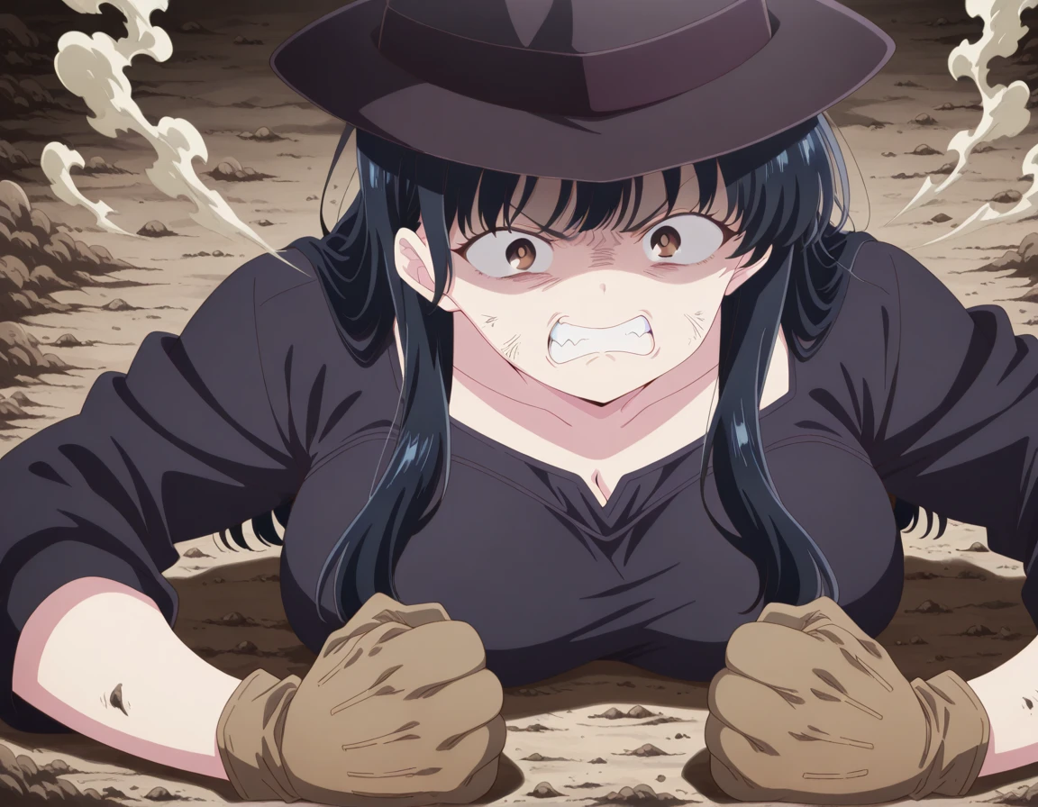 masterpiece, best quality, amazing quality,, <lora:anna-yamada-s2-illustriousxl-lora-nochekaiser:1>, anna yamada, long hair, bangs, black hair, brown eyes, mature female, breasts, anime screencap, <lora:joseph-joestar-son-of-a-bitch-illustriousxl-lora-nochekaiser:1>, joseph joestar son of a bitch, solo, gloves, hat, teeth, clenched teeth, meme, shaded face, angry, clenched fists, fedora, on floor, dirt, steam,, , ,