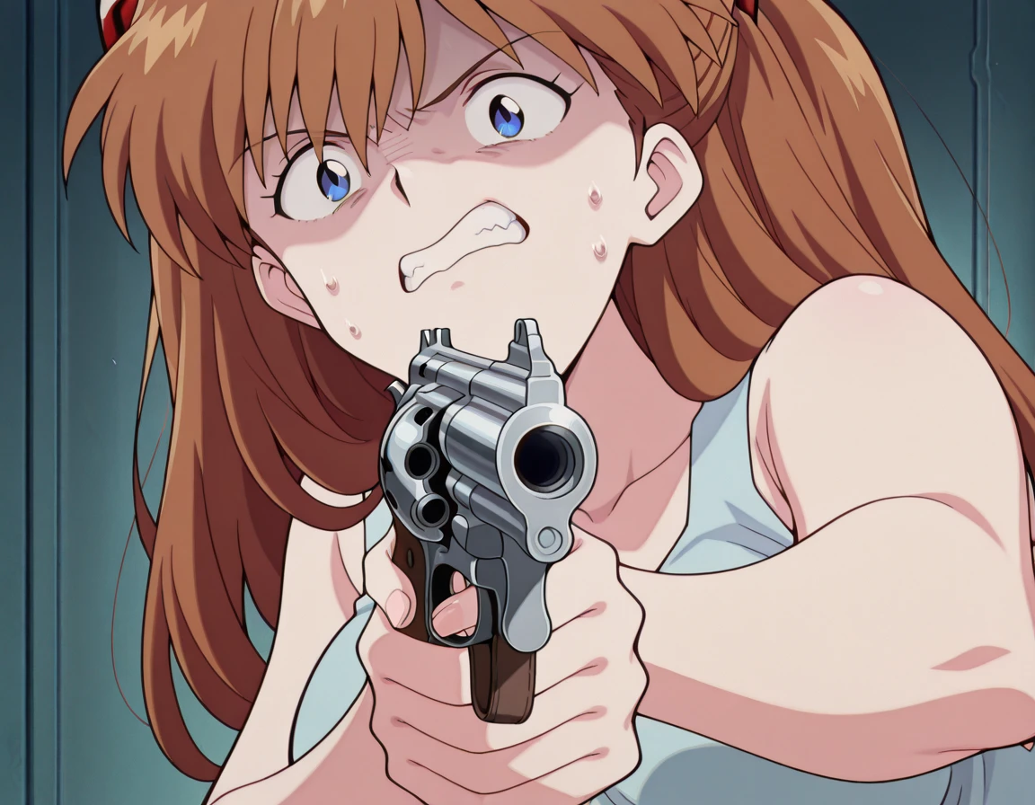 masterpiece, best quality, amazing quality,, <lora:asuka-langley-soryuu-classic-illustriousxl-lora-nochekaiser:1>, asuka langley soryu, long hair, bangs, blue eyes, brown hair, hair ornament, breasts, anime screencap, <lora:misa-guido-okay-narancia-illustriousxl-lora-nochekaiser:1>, misa guido okay narancia, solo, looking at viewer, holding, weapon, holding weapon, gun, parody, holding gun, handgun, aiming, nervous, teeth, shaded face, clenched teeth, revolver,, , ,