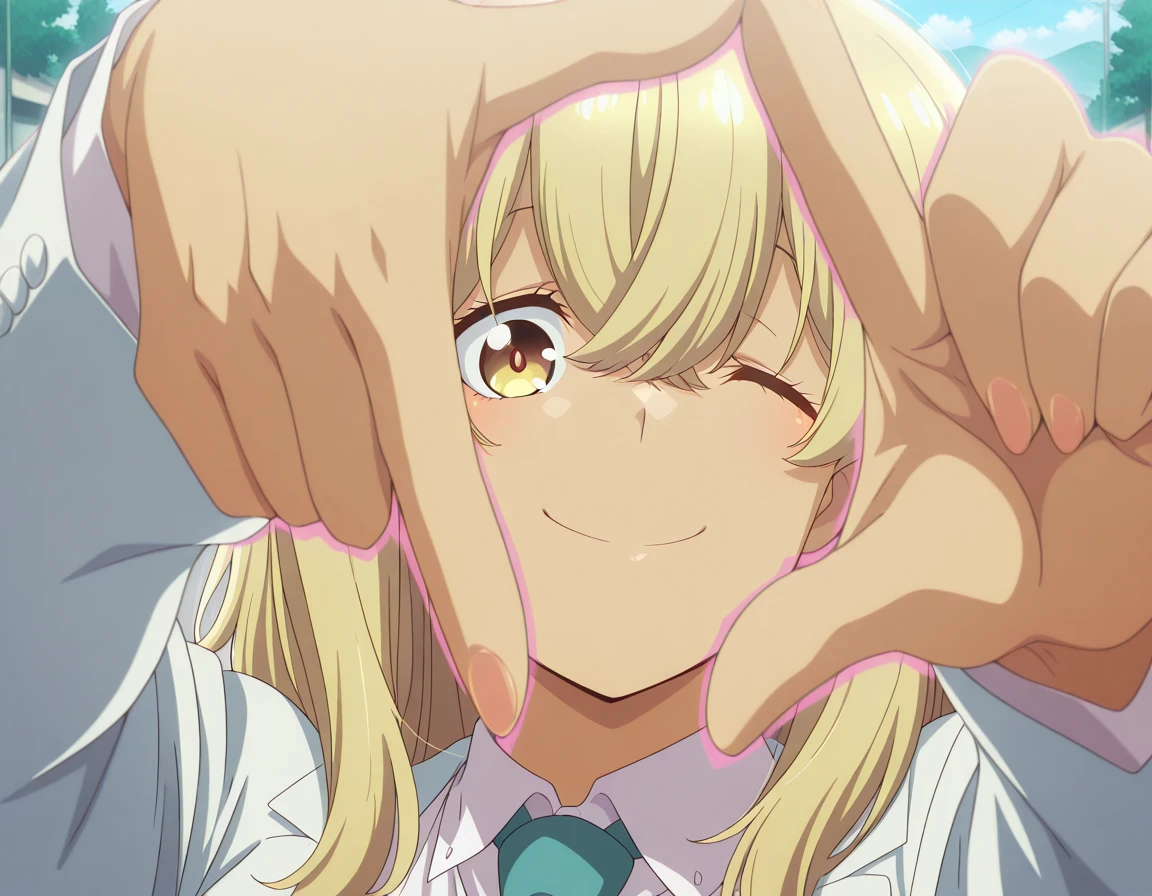 masterpiece, best quality, amazing quality,, <lora:kana-higa-s1-illustriousxl-lora-nochekaiser:1>, kana higa, long hair, bangs, blonde hair, hair between eyes, yellow eyes, mature female, breasts, anime screencap, <lora:yoshikage-kira-finger-frame-illustriousxl-lora-nochekaiser:1>, yoshikage kira finger frame, finger frame, hands up, outstretched arms, foreshortening, solo, looking at viewer, smile, upper body, outdoors, necktie, one eye closed, parody, meme,, , ,