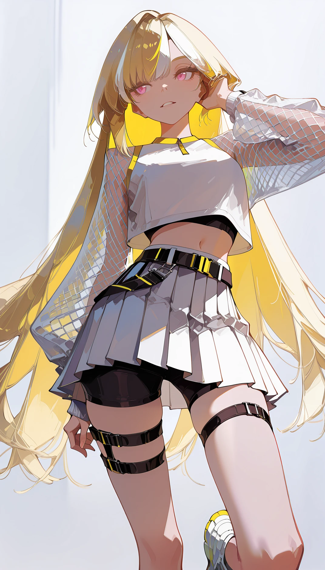 Flatline, Flat vector illustration, masterpiece, best quality, amazing quality, very aesthetic, absurdres, newest, scenery,
, =_=, Mimicking a monkey scratching its head, upper body, from below, , AeroStriker, 1girl,blonde hair, very long hair,multicolored hair, white highlighted hair, pink eyes,white crop top, mesh sleeves,
tennis skirt, very short skirt, pleated mini skirt, white skirt, yellow accent, belt, sporty fashion,tight black shorts under skirt,white high-top sneakers, white sneakers, yellow trim shoes, thigh straps, mesh clothing, midriff, exposed navel,
,
simple background,, animated, dynamic angle, close-up,portrait, fisheye lens, detailed face,colorful, close-up, masterpiece, best quality, amazing quality, very aesthetic, absurdres, newest, scenery, volumetric lighting