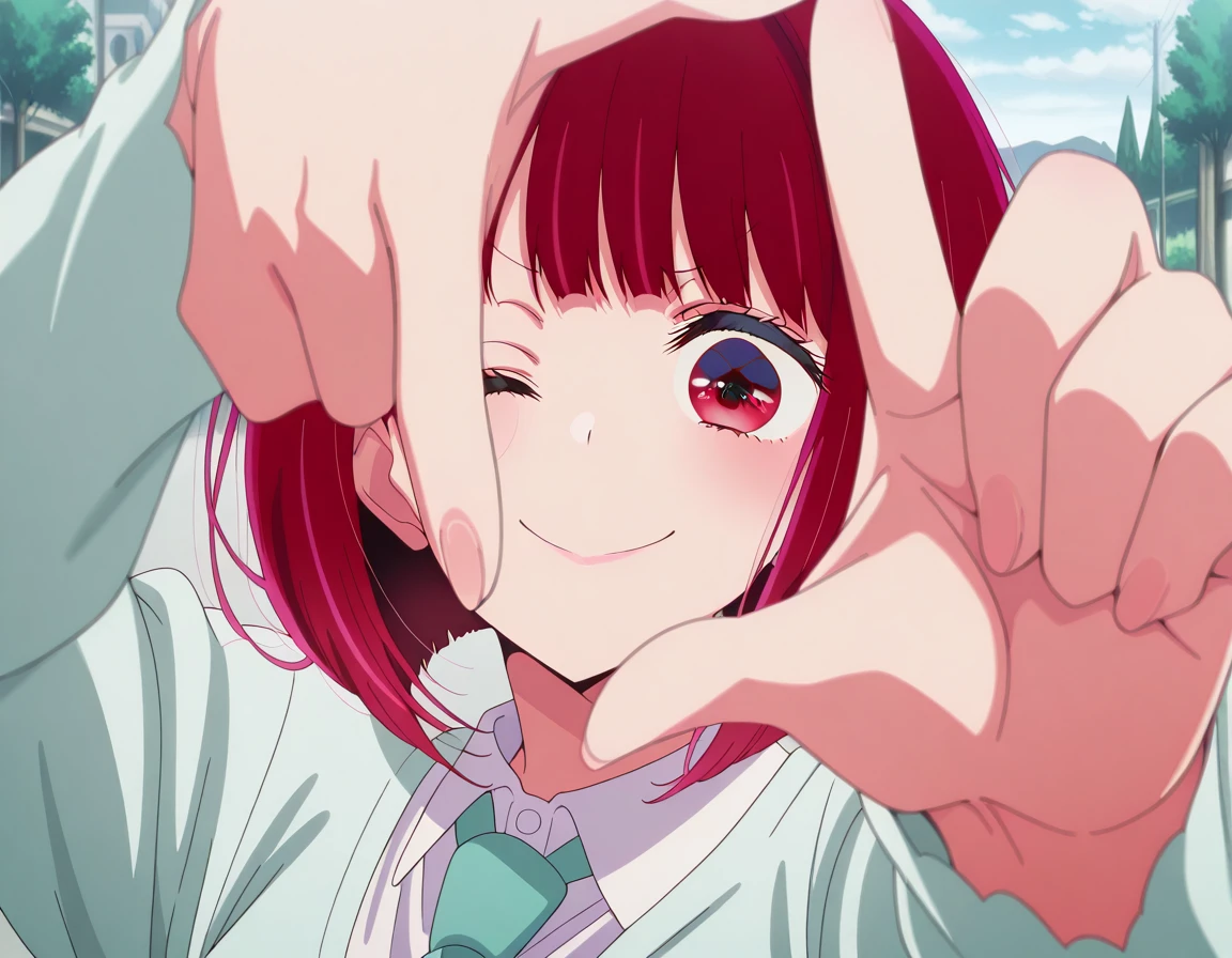 masterpiece, best quality, amazing quality,, <lora:kana-arima-s1s2-illustriousxl-lora-nochekaiser:1>, kana arima, arima kana, short hair, bangs, red eyes, red hair, bob cut, mature female, small breasts, anime screencap, <lora:yoshikage-kira-finger-frame-illustriousxl-lora-nochekaiser:1>, yoshikage kira finger frame, finger frame, hands up, outstretched arms, foreshortening, solo, looking at viewer, smile, upper body, outdoors, necktie, one eye closed, parody, meme,, , ,