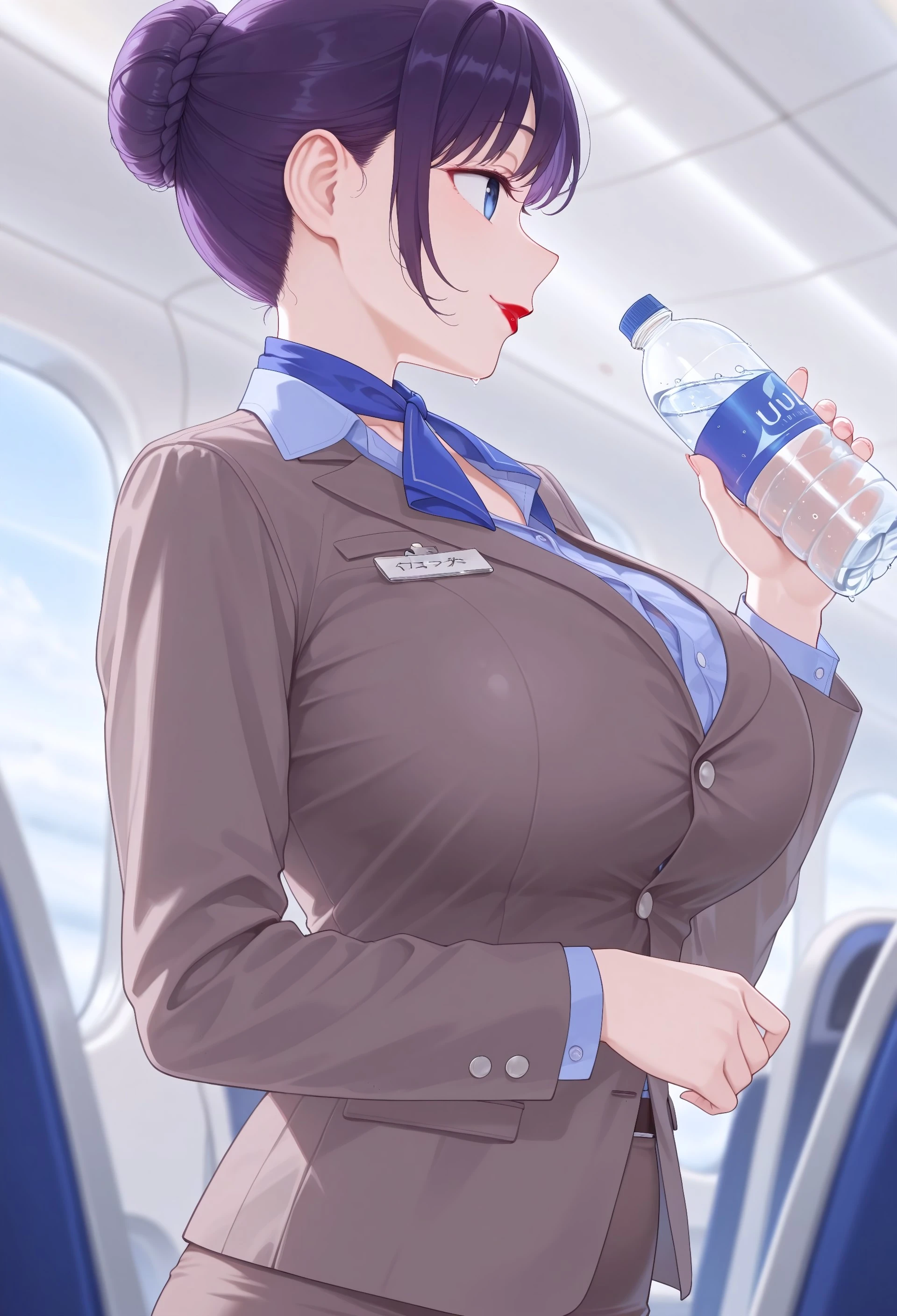 Unholy-aesthetic,masterpiece, best quality, amazing quality, absurdres, 

tawawa_a1rh0st3ss, 1girl, solo, purple hair, single hair bun, blue eyes, lips, lipstick, red lipstick, makeup, collarbone, , flight attendant, brown jacket, suit jacket, blue stripped jacket, long sleeves, name tag, blue shirt, collard shirt, blue neckerchief, belt, brown skirt, pencil skirt,

smile, serving,holding water bottle, plane, interior background, passenger seats, from side, profile
