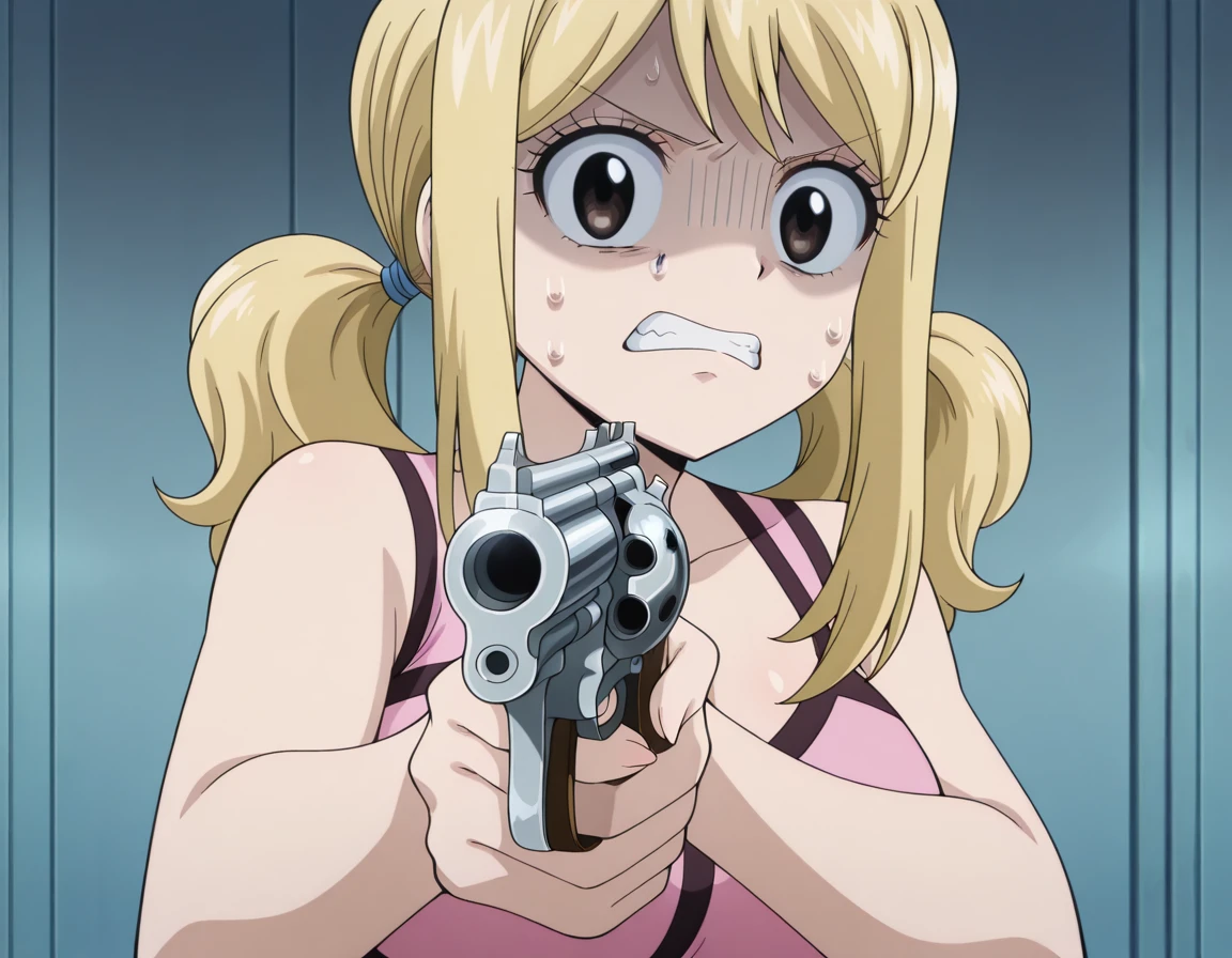 masterpiece, best quality, amazing quality,, <lora:lucy-heartfilia-s1s3s7-illustriousxl-lora-nochekaiser:1>, lucy heartfilia, twintails, low-tied twintails, long hair, blonde hair, brown eyes, mature female, breasts, anime screencap, <lora:misa-guido-okay-narancia-illustriousxl-lora-nochekaiser:1>, misa guido okay narancia, solo, looking at viewer, holding, weapon, holding weapon, gun, parody, holding gun, handgun, aiming, nervous, teeth, shaded face, clenched teeth, revolver,, , ,