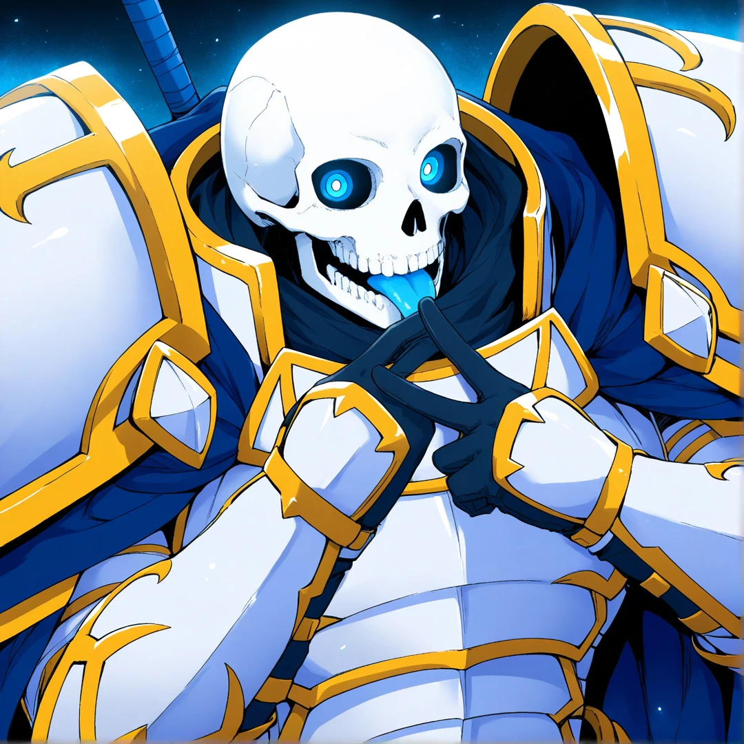 <lora:Arc:1>,arc,armor,1boy,solo,male focus,skull,blue pupils,neon blue tongue,masterpiece,covering own mouth,v sign,