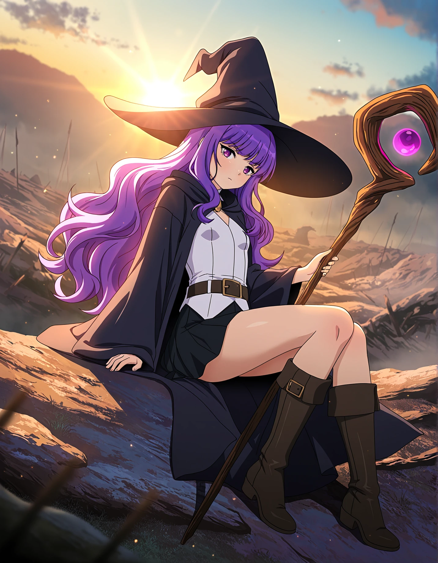 <lora:BTLeanne:0.4> btleanne, tiny , witch hat, black robe, white vest, black skirt, knee boots,
sitting, outdoors, battlefield, holding staff, epic lighting, cinematic, sunrise, <lora:Smooth Lighting Enhancer NoobAI:1>, SmoothNoob_Quality, best quality, masterpiece, absurdres, extreme details