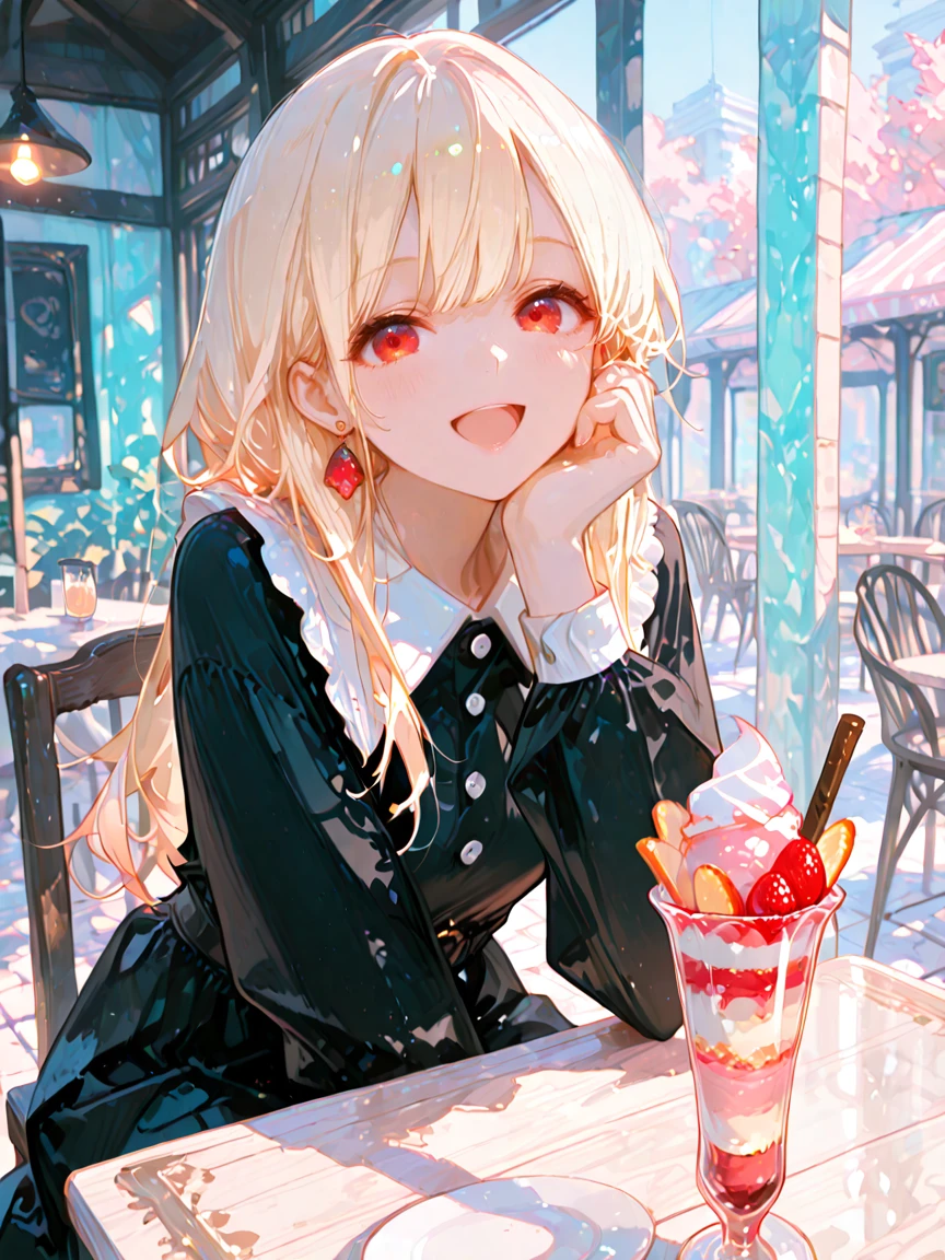 masterpiece, best quality, top quality, good quality, newest, highres, absurdres,
BREAK
very awa, absolutely eye-catching, illustration, CG,
BREAK
perfect composition, eye reflection, (gradient eyes:1),
BREAK
1girl, solo, pov, looking at viewer, detailed background, intricate scenery, cinematic lighting, soft pastel colors, whimsical and dreamy, soft shading, gentle and innocent expression, intricate and ornate, elegant and charming, impressionism, depth of field, partly realistic texture, dramatic lighting, outdoors, cafe, table, chair, sitting on chair, behind table, parfait, hand resting on cheek, blonde hair, long hair, red eyes, smile, slightly open mouth, happy, dress, black dress, long sleeves, collared dress, white collar, white buttons, jewelry, earrings, dynamic pose, foreshortening, extreme perspective,