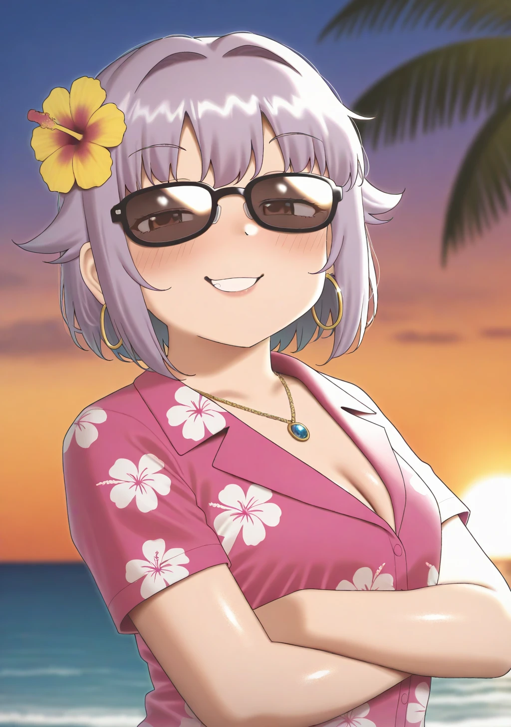 masterpiece, best quality, absurdres, perfect lighting,shiny skin,<lora:ryokuchamichi_illu2:1>,ryokucha michi,1girl,koshimizu sachiko,hawaiian shirt,sunglasses,smirk, crossed arms,depth of field, ocean,palm tree, necklace, hair flower,hoop earrings,sunset