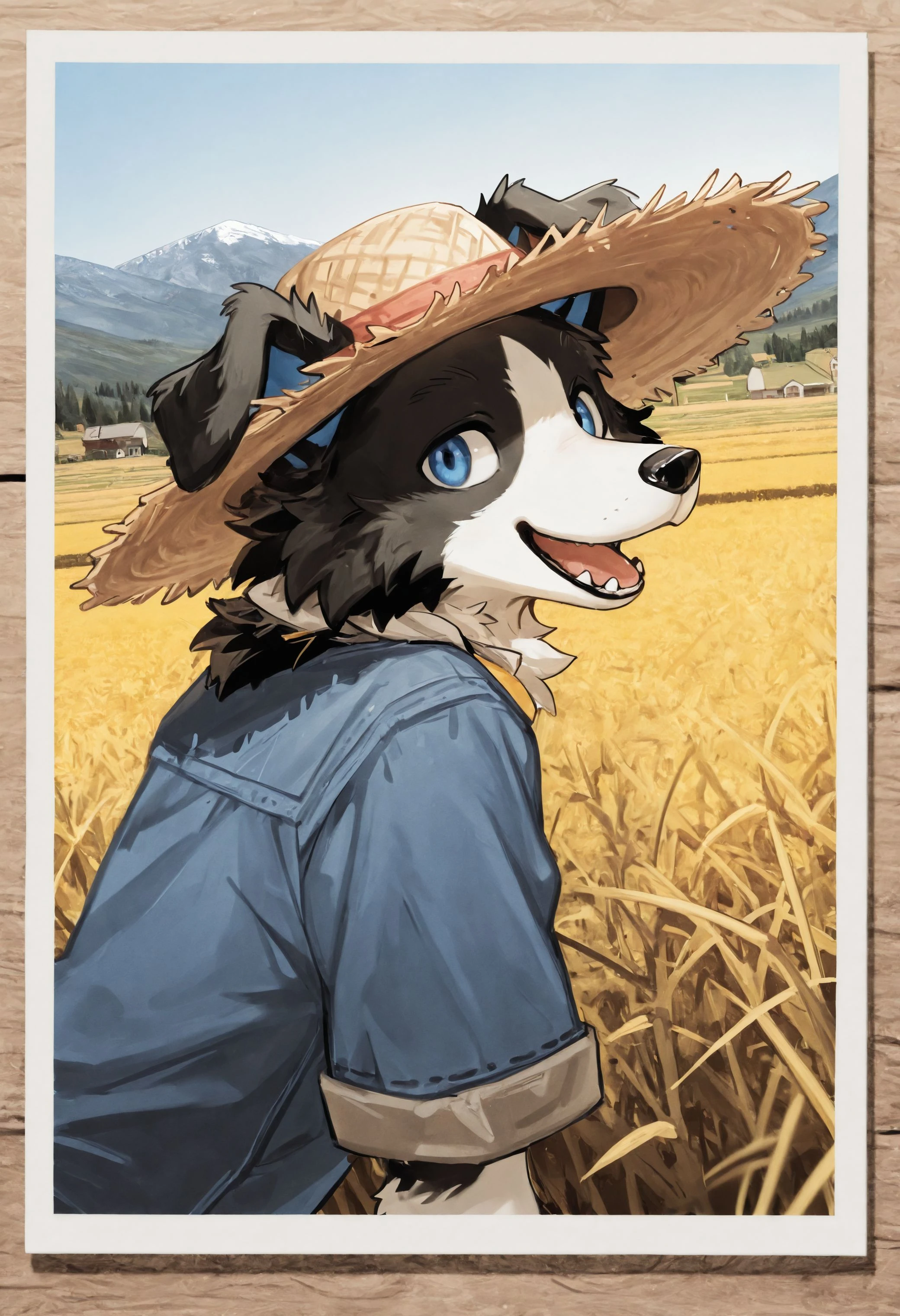 best quality, amazing quality, very aesthetic, absurdres, hires, newest, by dr_kiyo, male furry, furry, 1boy, solo, dog boy, border collie, blue eyes, happy, farm, farmer clothes, straw hat, dutch angle, field, mountains, detailed background, polaroid photo, <lora:Dr.Kiyo_style_Illustrious:1>