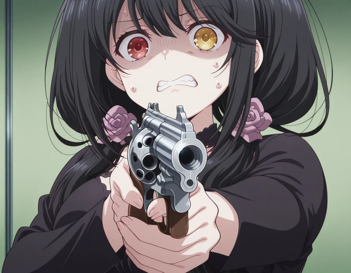 masterpiece, best quality, amazing quality,, <lora:kurumi-tokisaki-s2-illustriousxl-lora-nochekaiser:1>, kurumi tokisaki, black hair, red eyes, long hair, twintails, yellow eyes, heterochromia, mature female, medium breasts, anime screencap, <lora:misa-guido-okay-narancia-illustriousxl-lora-nochekaiser:1>, misa guido okay narancia, solo, looking at viewer, holding, weapon, holding weapon, gun, parody, holding gun, handgun, aiming, nervous, teeth, shaded face, clenched teeth, revolver,, , ,