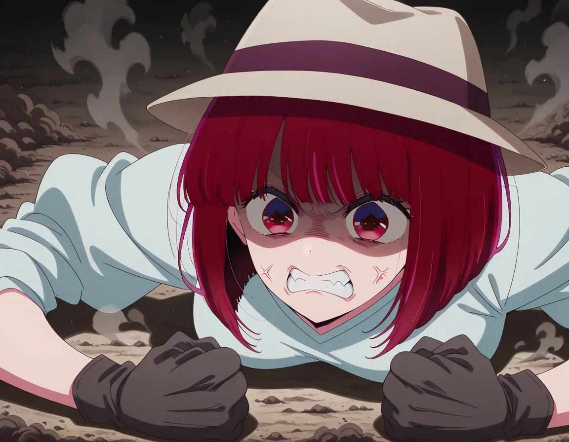 masterpiece, best quality, amazing quality,, <lora:kana-arima-s1s2-illustriousxl-lora-nochekaiser:1>, kana arima, arima kana, short hair, bangs, red eyes, red hair, bob cut, mature female, small breasts, anime screencap, <lora:joseph-joestar-son-of-a-bitch-illustriousxl-lora-nochekaiser:1>, joseph joestar son of a bitch, solo, gloves, hat, teeth, clenched teeth, meme, shaded face, angry, clenched fists, fedora, on floor, dirt, steam,, , ,