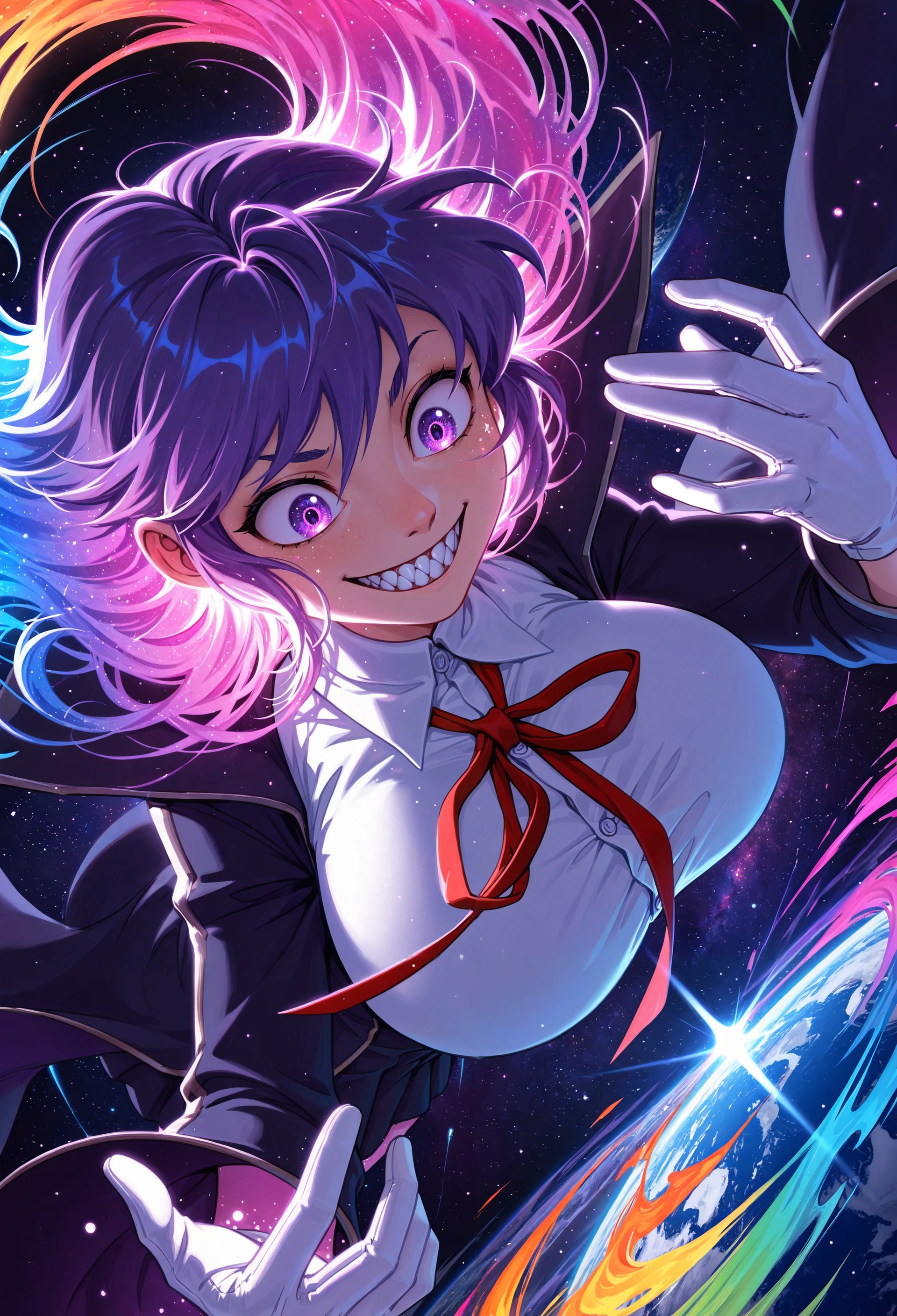 1girl, solo, space, glowing, pink glow, star, space hair, cosmic horror, horror \(theme\), eye,earth \(planet\), (colorful, light particles:1.7), close-up, dutch angle, teeth, (scenery, volumetric lighting), (scenery:1.8), crazy smile, sharp teeth, bb \(fate/extra\), black coat, collared shirt, huge breasts, sfw, looking down,white gloves, purple eyes, kate fox, <lora:kate fox:1>, best quality, very awa, 5 fingers, detailed background, rich details, highly detailed, amazing quality, very aesthetic, year 2024, newest