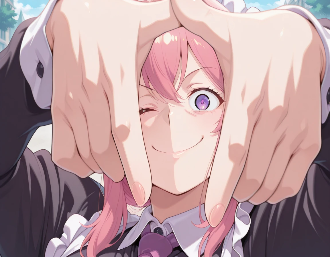 masterpiece, best quality, amazing quality,, <lora:CivChan:1>, CivChan, purple eyes, pink hair, mature female, breasts, maid headdress,, <lora:yoshikage-kira-finger-frame-illustriousxl-lora-nochekaiser:1>, yoshikage kira finger frame, finger frame, hands up, outstretched arms, foreshortening, solo, looking at viewer, smile, upper body, outdoors, necktie, one eye closed, parody, meme,, , ,