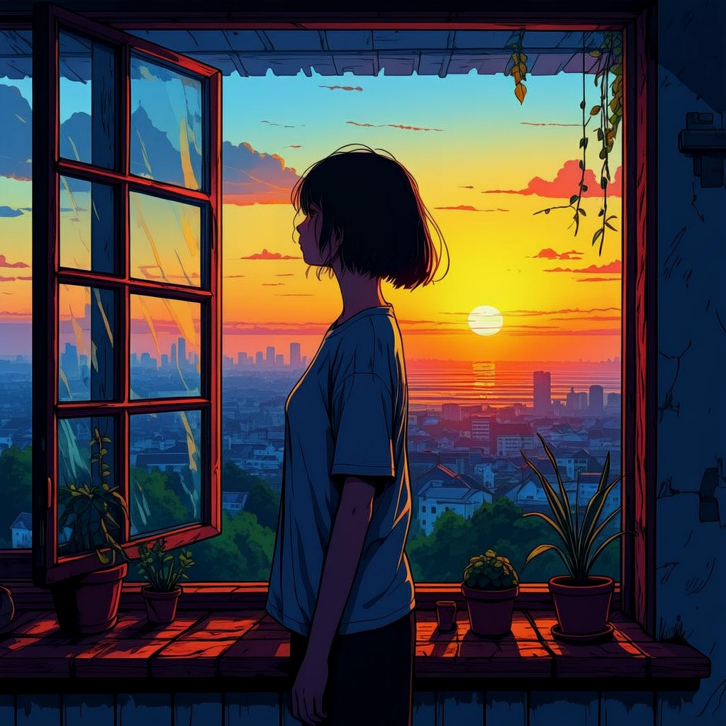 An atmospheric painting.
A young woman standing by a window, looking at the sunset.
neomngaCE_style