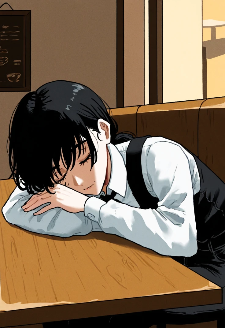 masterpiece, perfect face, beautiful face, perfect hands, beautiful hands, <lora:CatnipStyle_Illustrious:1>, CatnipStyle, 1girl, solo, Mitaka Asa \(chainsaw man\), full body, indoors, cafe, sleeping, sitting, head lying on table