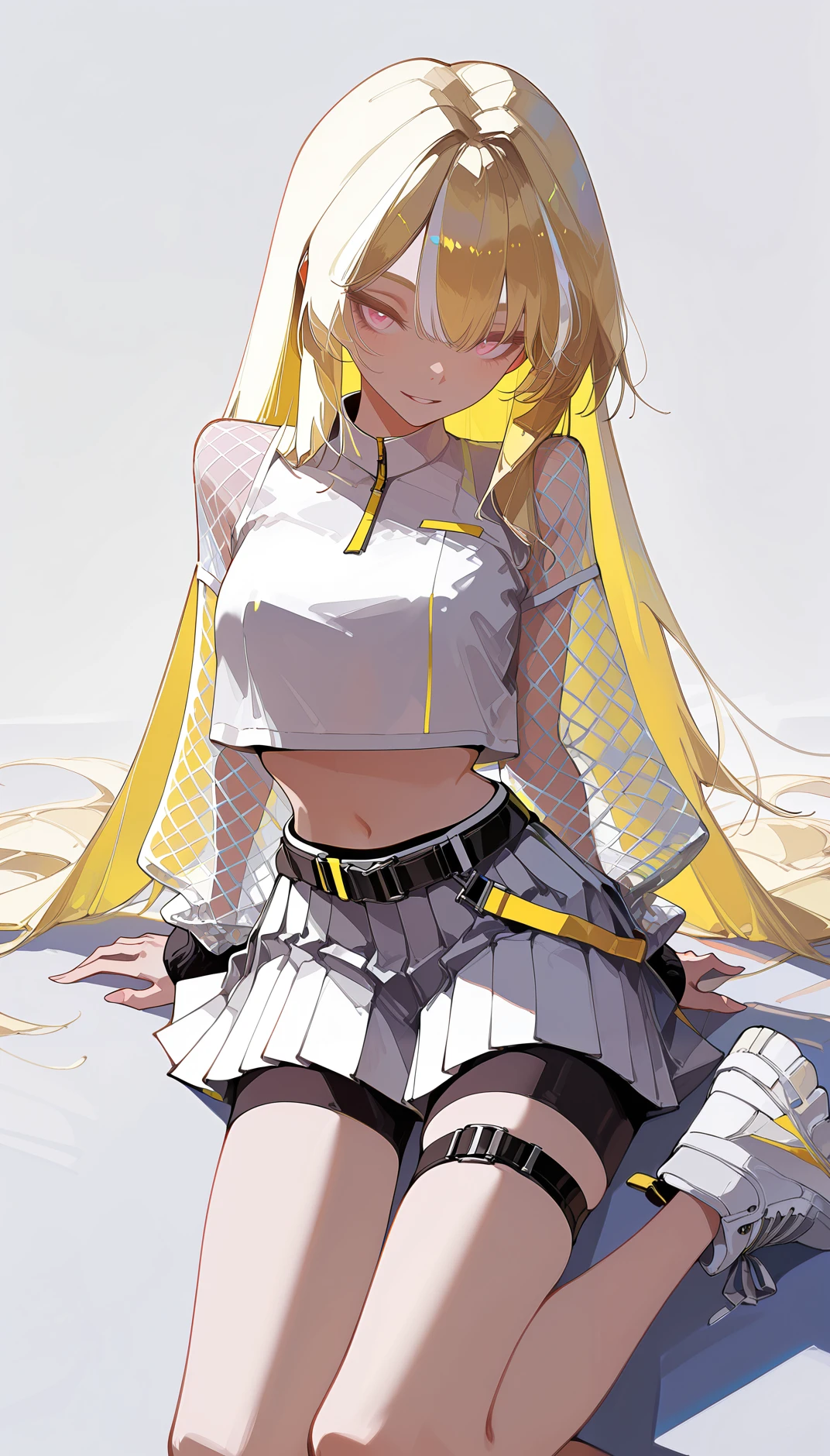 Flatline, Flat vector illustration, masterpiece, best quality, amazing quality, very aesthetic, absurdres,  newest, scenery,
, Scary face, Sitting with one hand on the floor, upper body, from above, , AeroStriker, 1girl,blonde hair, very long hair,multicolored hair,  white highlighted hair, pink eyes,white crop top, mesh sleeves,
tennis skirt, very short skirt, pleated mini skirt, white skirt, yellow accent, belt, sporty fashion,tight black shorts under skirt,white  high-top sneakers, white sneakers, yellow trim shoes, thigh straps, mesh clothing, midriff, exposed navel,
,
simple background,, animated, dynamic angle, close-up,portrait, fisheye lens, detailed face,colorful, close-up, masterpiece, best quality, amazing quality, very aesthetic, absurdres, newest, scenery, volumetric lighting