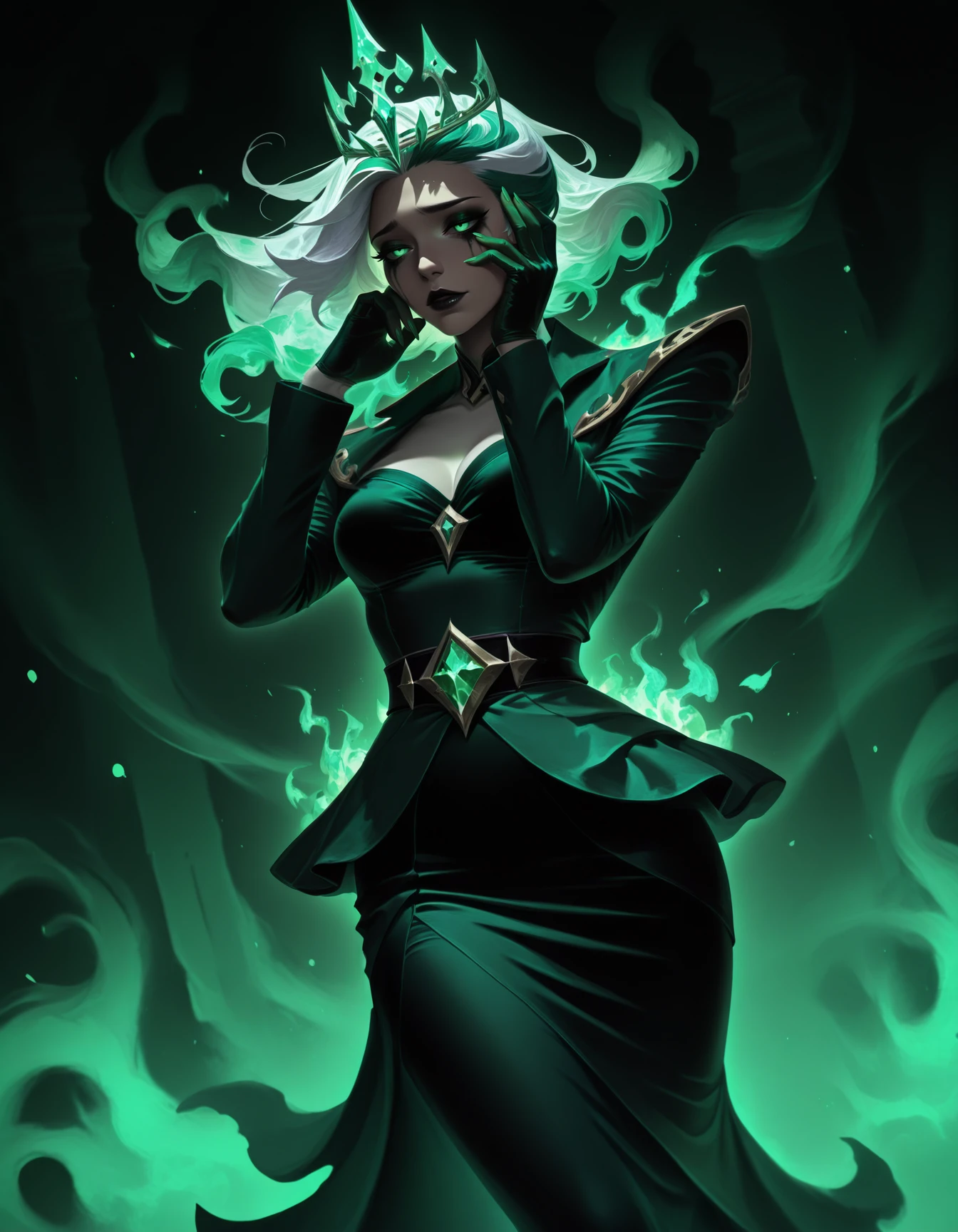 1girl, green hair, white hair, multicolored hair, green flames, ru1n3d-style, (traditional media \(artwork\), painterly), ethereal, (floating tiara) ,dutch angle, ornate clothing, pose, green theme, green fingernails, contrapposto, sad, runny makeup <lora:RuinedILXL:1.2> hand to face, yandere trance <lora:Outfit_soph-VintagePeplumSuitdress-ILXL:0.9> dr3ss, wide peplum skirt, peplum minioverskirt, suit, gloves, pencil skirt, belt masterpiece, best quality, very aesthetic, newest