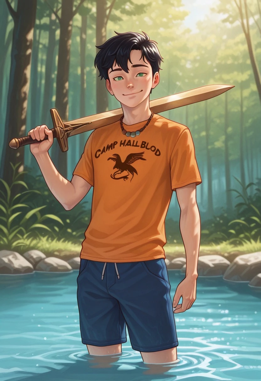 masterpiece, high quality, best quality, amazing quality, very aesthetic, absurdres, ultra-detailed, extremely detailed, realistic, volumetric lighting, (male focus, male only), day, depth of field, JackDraws, solo,
1boy, PercyJackson, Black Hair, Green Eyes, Bead Necklace, Camp Half-Blood Shirt text, Orange T-Shirt, shorts, Bronze Sword, holding sword, sword over shoulder, smug smile, water partially submerged, masterpiece, best quality, amazing quality, very aesthetic, absurdres, newest, very awa, nude, cute boy, athletic, swimmer build, photo-realistic detail, atmosphere focused, expressive lighting