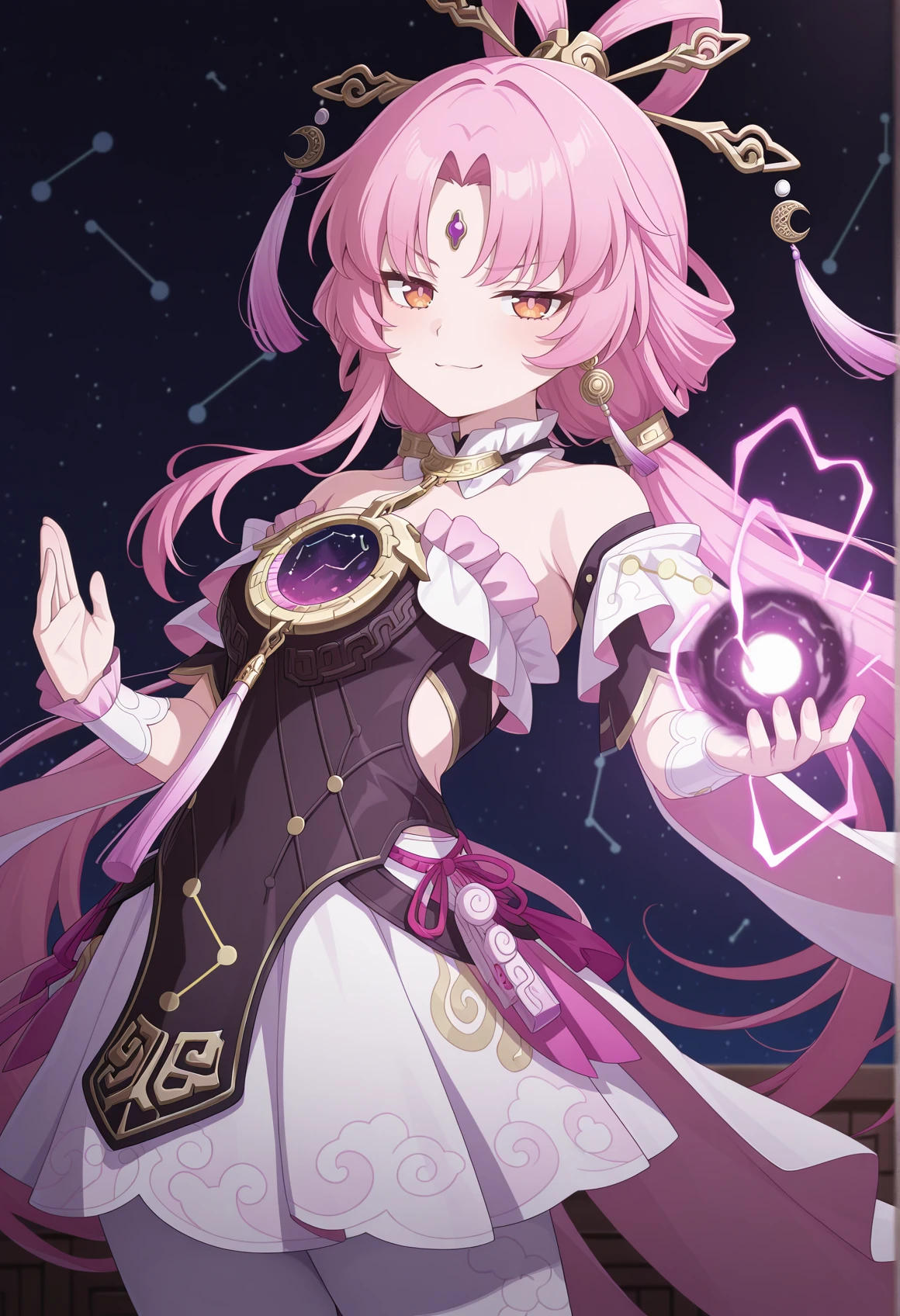 anime screencap, anime screenshot, 1girl, anime coloring, pink hair, orange eyes, low twintails, single sidelock, hair ornament, forehead jewel, earrings, chinese clothes, jewelery, detached collar, medallion, constelation, short dress, constellation print, white pantyhose, wristband, frills, fighting stance, casting spell, smug, dark orb, energy orb, cowboy shot, space, looking at viewer,  <lora:Fu_xuan_illus:1>, masterpiece, best quality, amazing quality, very aesthetic, absurdres, highres, newest