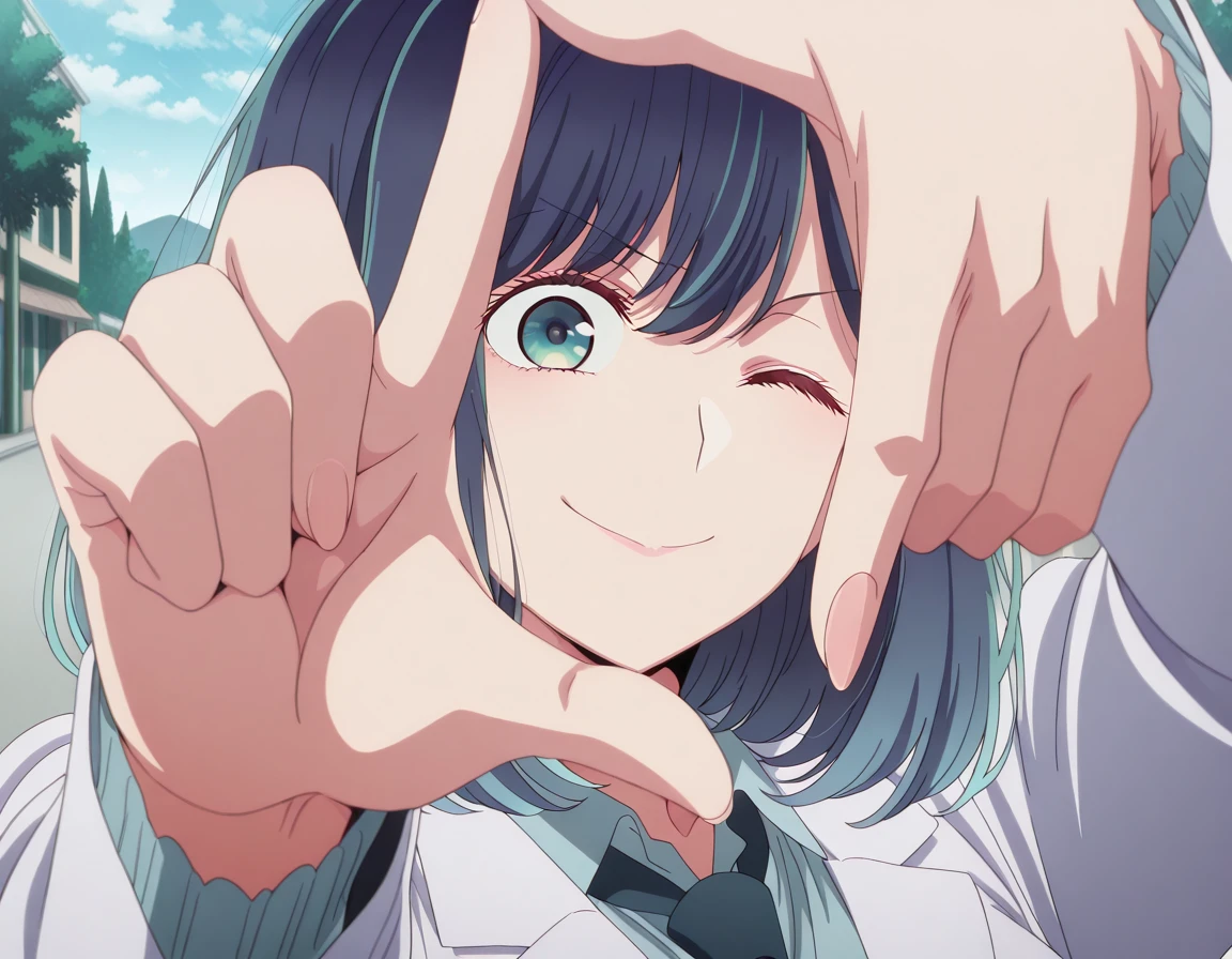 masterpiece, best quality, amazing quality,, <lora:akane-kurokawa-s1s2-illustriousxl-lora-nochekaiser:1>, akane kurokawa, kurokawa akane, bangs, green eyes, blue eyes, blue hair, medium hair, dark blue hair, mature female, breasts, anime screencap, <lora:yoshikage-kira-finger-frame-illustriousxl-lora-nochekaiser:1>, yoshikage kira finger frame, finger frame, hands up, outstretched arms, foreshortening, solo, looking at viewer, smile, upper body, outdoors, necktie, one eye closed, parody, meme,, , ,