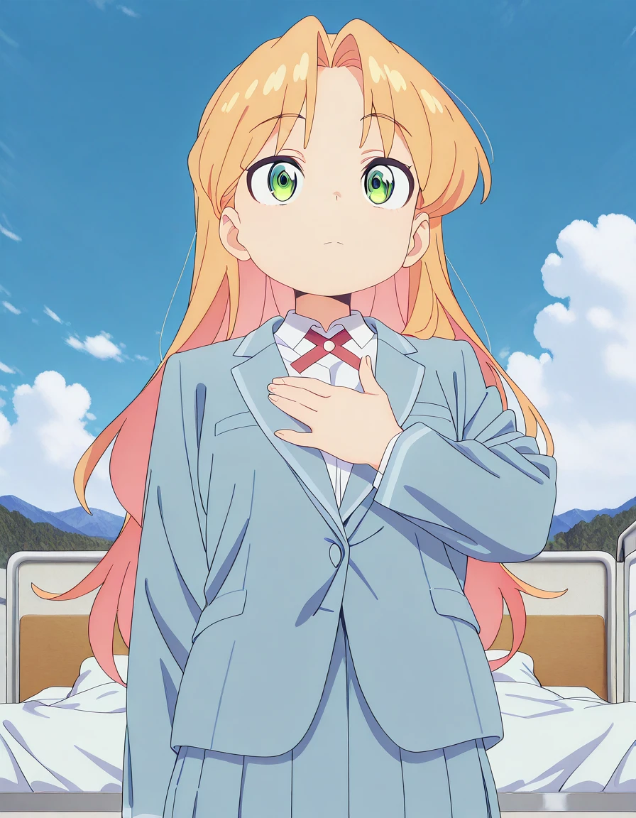 masterpiece, best quality, amazing quality,, <lora:ruri-tanigawa-alpha-illustriousxl-lora-nochekaiser:1>, ruri tanigawa, long hair, blonde hair, green eyes, pink hair, multicolored hair, orange hair, parted bangs, colored inner hair, anime screencap, shirt, skirt, long sleeves, jacket, white shirt, pleated skirt, collared shirt, red ribbon, blue skirt, neck ribbon, blue jacket, blazer, <lora:lupang-hinirang-illustriousxl-lora-nochekaiser:1>, lupang hinirang, solo, looking up, expressionless, closed mouth, hand up, hand on own chest, clouds, blue sky, outdoors, upper body, hospital, beds, doctors, patients, medical, cowboy shot, solo, looking at viewer, <lora:transparent-background-illustriousxl-lora-nochekaiser:1>, transparent background, simple background, white background