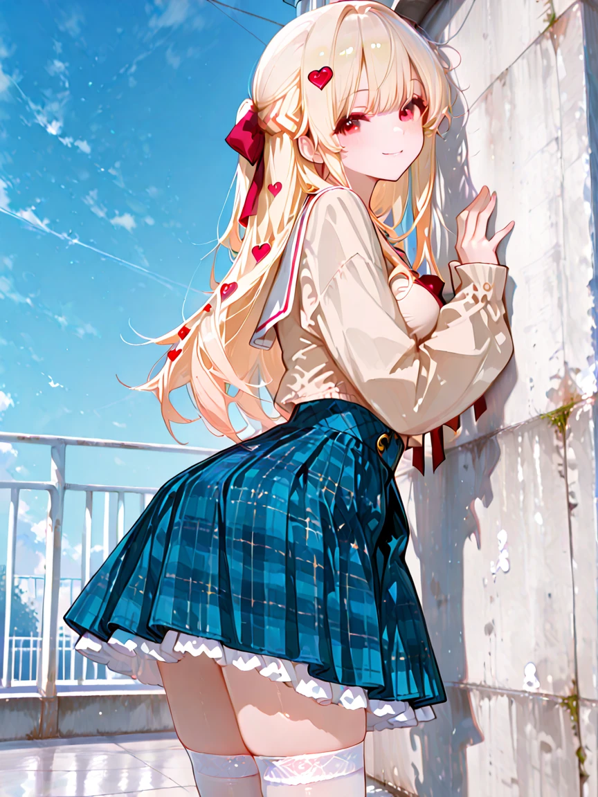 1girl, solo, low angle front view, looking at viewer,
detailed background, intricate scenery, upper body,
detailed and delicate, whimsical and dreamy,
gentle and innocent expression, intricate and ornate, elegant and charming, , blonde hair, red eyes, half updo, long hair, smile,
flannel skirt, pleated white and blue skirt, white thighhighs,sleeves past wrists,hair bow,long sleeves,beige blouse,red bow, heart hair ornament, heart hair ornament, zettai ryouiki ,white sailor collar,white frilled skirt, school rooftop, white concrete floor, blue sky, white railing,
leaning against wall, sankakuzuwari,
masterpiece, good quality, very aesthetic, absurdres, newest,
