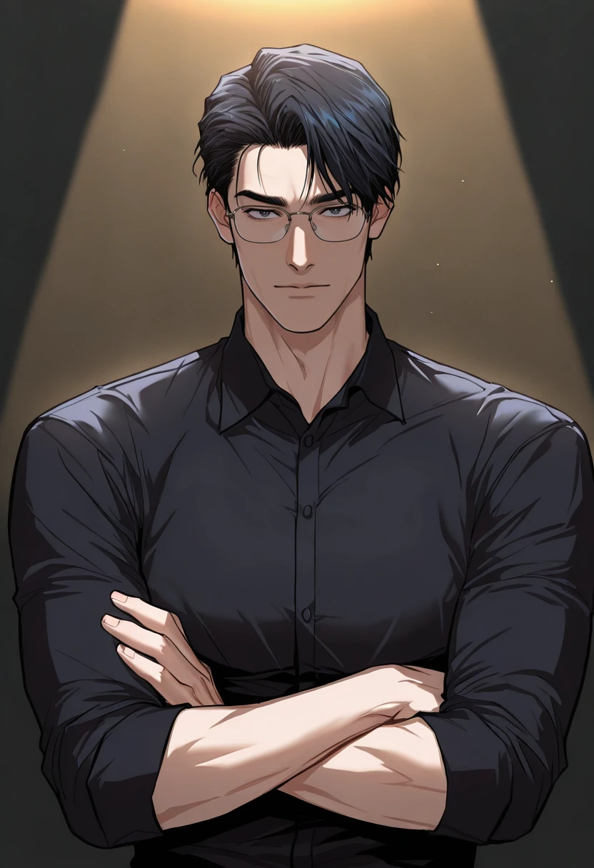 masterpiece, best quality, very aesthetic, absurdres, volumetric lighting, dynamic angle , , , 1boy, solo, male focus, , <lora:male_typeA:0.75>, maleT, male_typeE, collared shirt, glasses, crossed arms, black hair, black shirt, upper body, looking at viewer