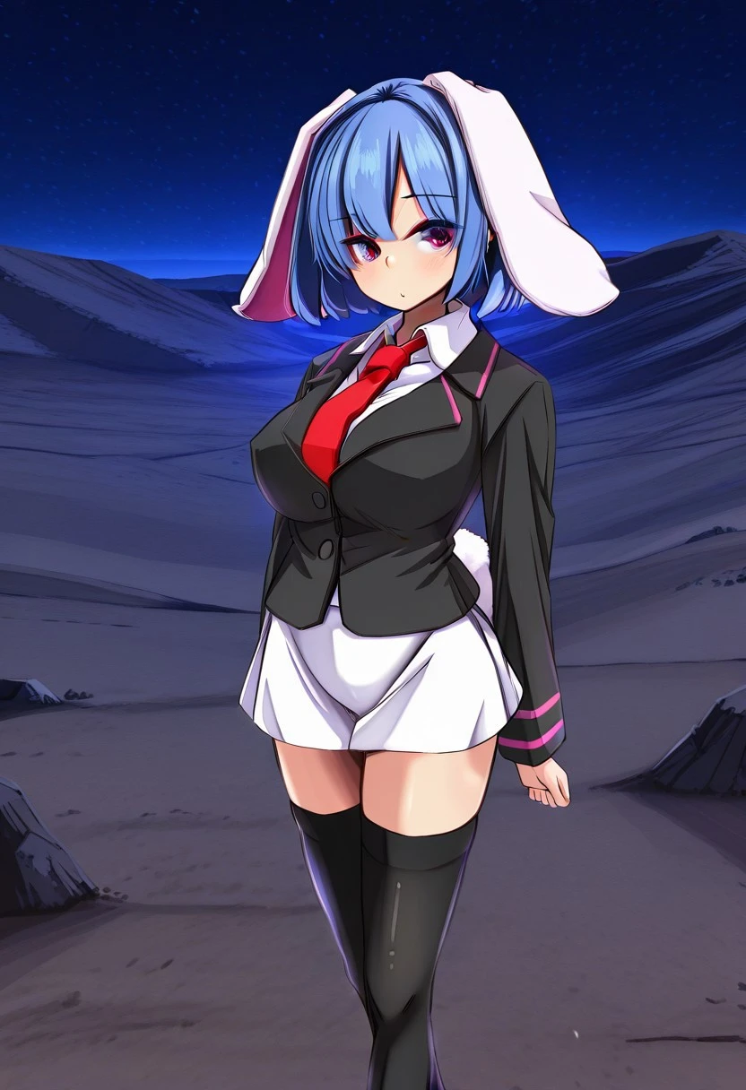 yukito style, ((wasteland)), ((night)), ((large breasts)), looking at viewer, standing, posing, neutral gaze, rei'sen, 1girl, solo, pink eyes, blue hair, short hair, rabbit ears, floppy ears, rabbit tail, red necktie, black jacket, long sleeves, white shirt, collared shirt, white skirt, black thighhighs