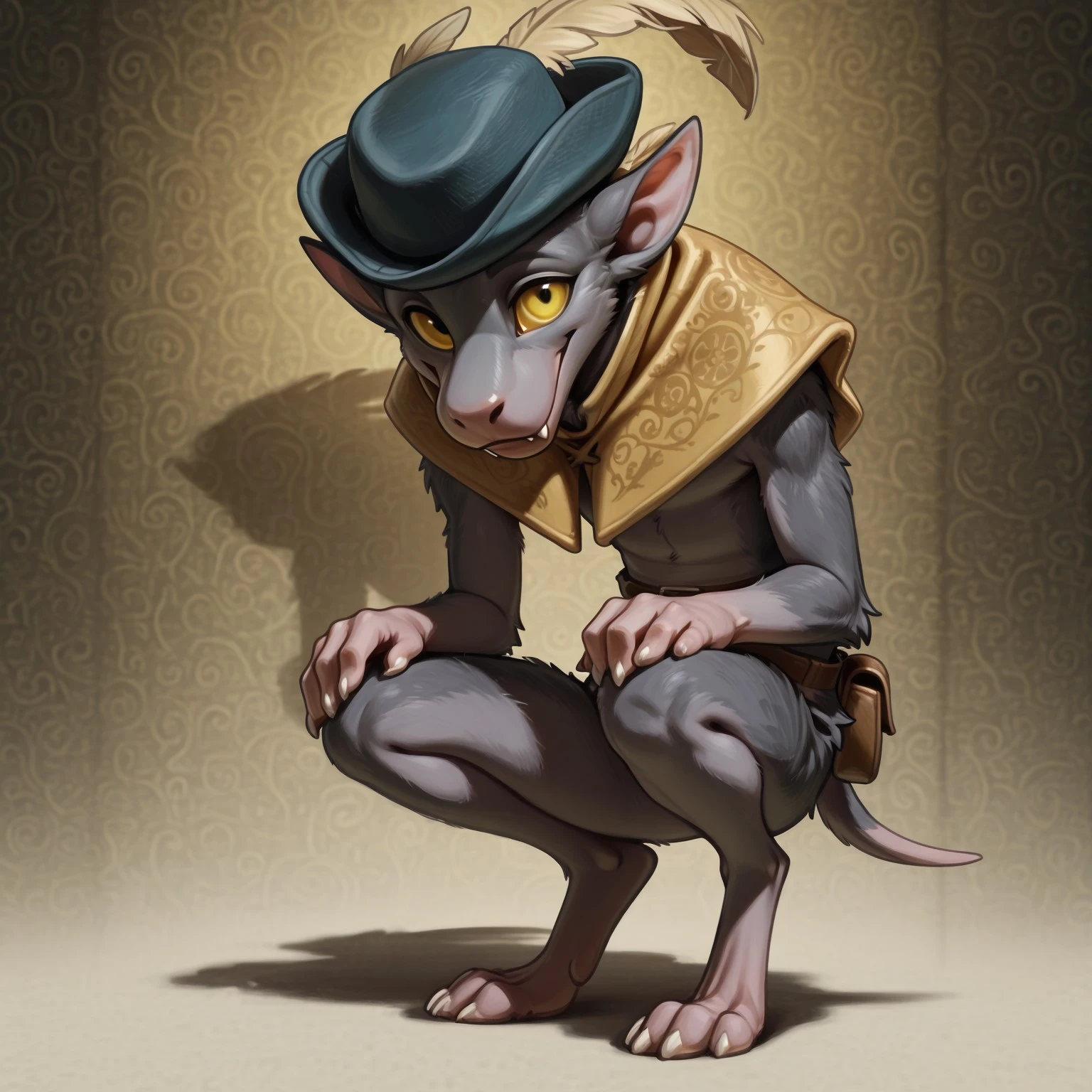 solo, 1boy, furry male, boc_eldenring, yellow sclera, yellow eyes, buck teeth, fang, pointy ears, smile, closed mouth, masterpiece, highres, ultra-detailed, absurdres, amazing quality, best quality, newest, blue hat, hat feather, yellow feather, yellow capelet, high collar, full body, looking at viewer, hands on knees, squatting, patterned clothes, bottomless, no penis, belt, pouch, body fur, grey fur, elbow tuft, finger claws, sharp fingernails, toe claws, digitigrade
BREAK
patterned background, drop shadow, perfect lighting, detailed shading,