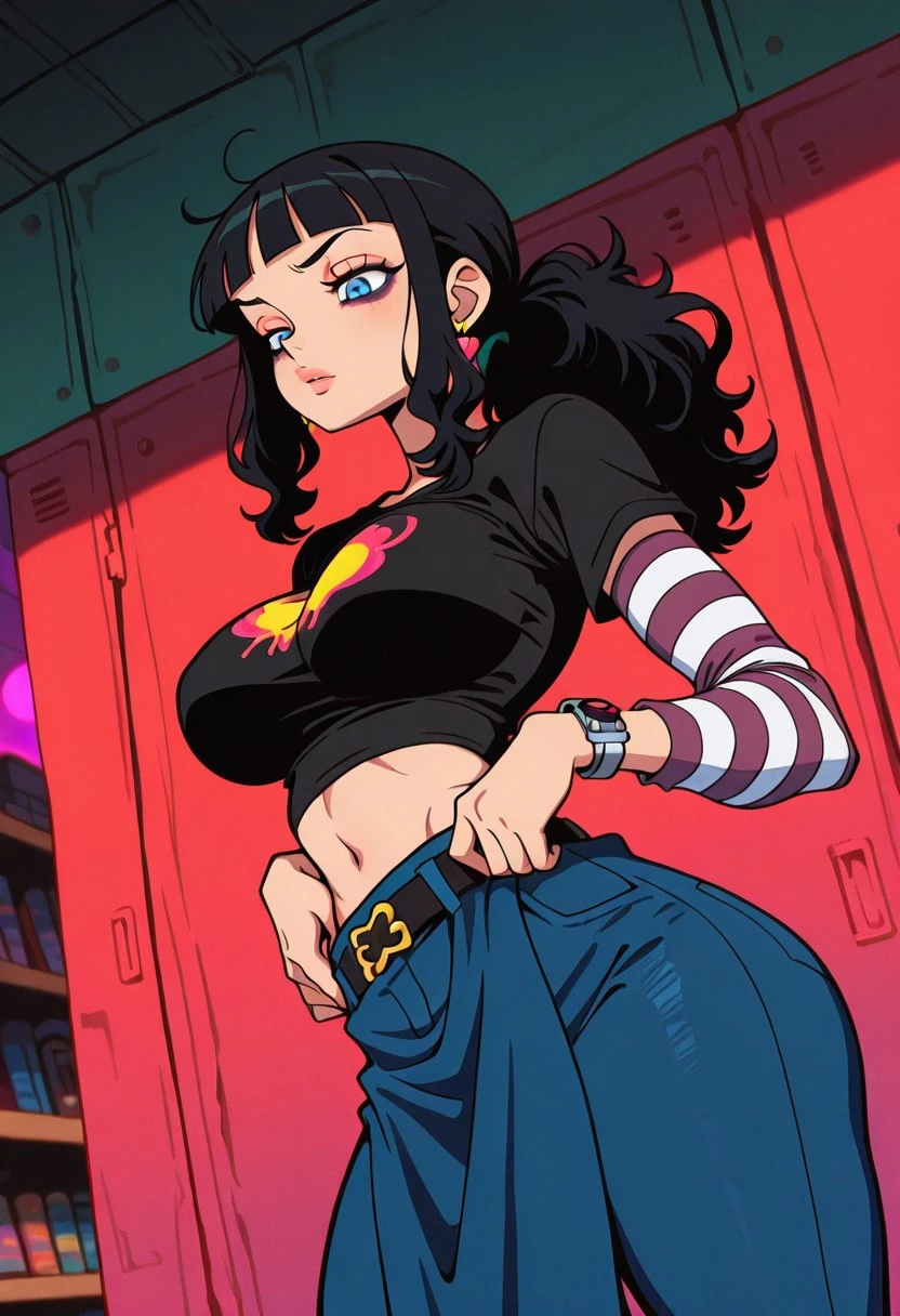 BookstorePartTimerOP, 1girl, solo, black hair, long hair, blunt bangs, blue eyes, lips, heart earrings, makeup, jewelry, large breast, thick thighs, bags under eyes, bracelet, black shirt, striped sleeves, navel, midriff, groin, blue apron, denim pants, belt,
masterpiece, best quality, fine details, intricate details, depth of field, subsurface scattering, bokeh, ultra-detailed, very aesthetic, detailed background, newest, scenery, highres, absurdres, colorful, vibrant, glowing, perfect face, 2d, perfect eyes, vibrant saturated colors, volumetric lighting, sharp, detailed eyes, perfect anatomy, perfect face, perfect eyes, mature body, clear eyes, beautiful eyes, athletic, curvy body, athletic girl, perky tits, perfect tits, round breasts, pinup pose, teasing, lustful expression, perfect hands,
muscular female, dutch angle, dynamic pose,
,Smooth Negative, Smooth_Quality,
film grain, retro artstyle,1990s \(style\)