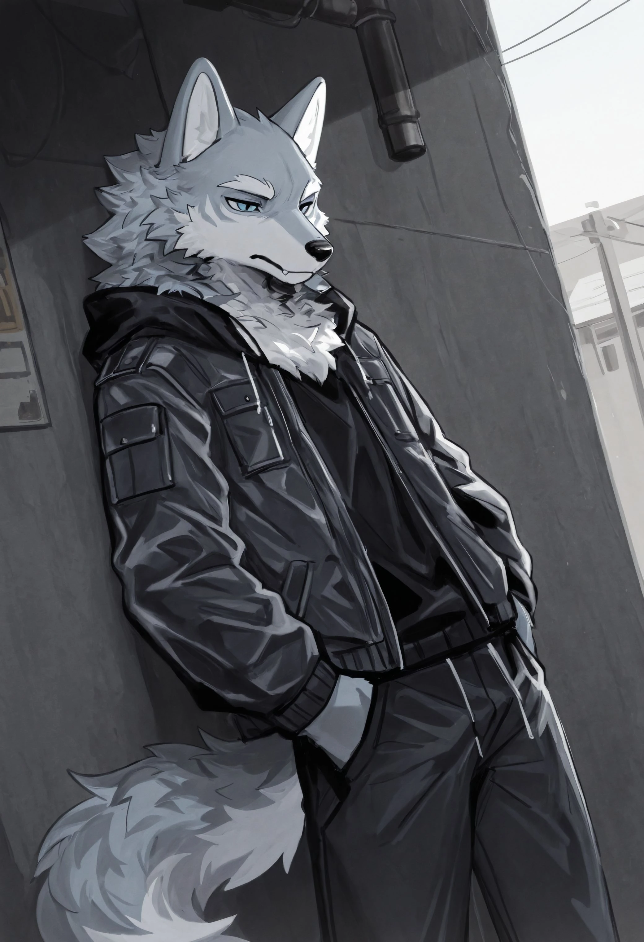 best quality, amazing quality, very aesthetic, absurdres, hires, newest, by dr_kiyo, solo, 1boy, furry, furry male, wolf, jacket, dutch angle, <lora:Dr.Kiyo_style_Illustrious:1>