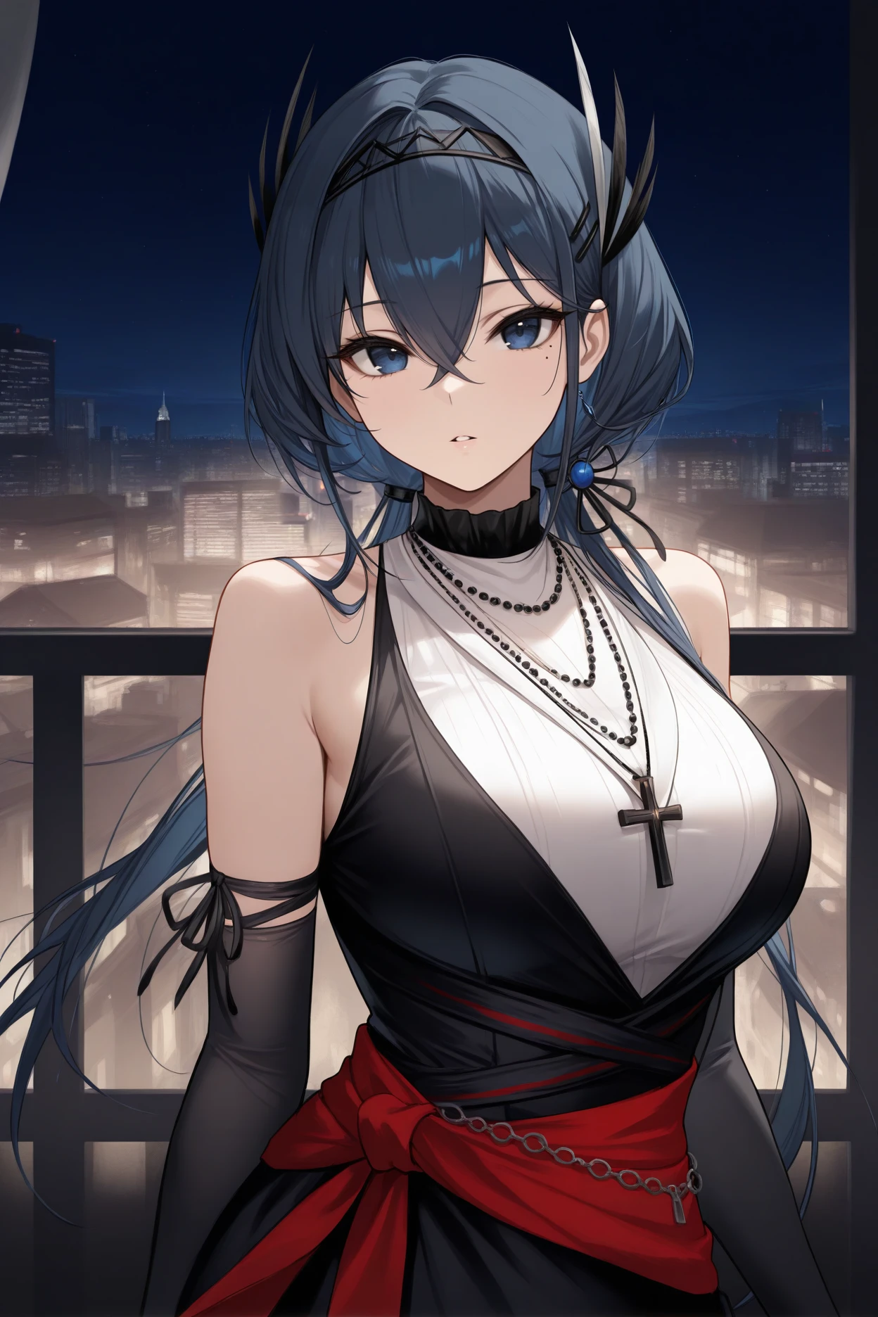 masterpiece, best quality, 1girl, solo, <lora:cantabile-illu-nvwls-v1-000007:1> ctbl, dark blue hair, dark blue eyes, hair between eyes, mole under eye, long hair, hair ornament, hairband, necklace, white shirt, sleeveless shirt, black dress, red sash, black gloves, elbow gloves, large breasts, upper body, looking at viewer, night, city, parted lips