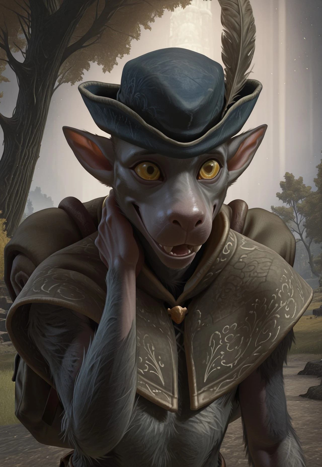 solo, 1boy, male focus, box_eldenring, yellow sclera, yellow eyes, buck teeth, fangs, pointy ears, body fur, grey fur, masterpiece, highres, ultra-detailed, absurdres, photorealistic, 3d, amazing quality, best quality, newest, blue hat, hat feather, capelet, upper body, nervous, parted lips, smile, hand up, hand on own neck, elbow tuft, backpack, bag, slouching, patterned clothes, finger claws, sharp fingernails,
BREAK
detailed background, scenery elden_ring, bloom, light particles, tree, atmospheric perspective, perfect lighting,