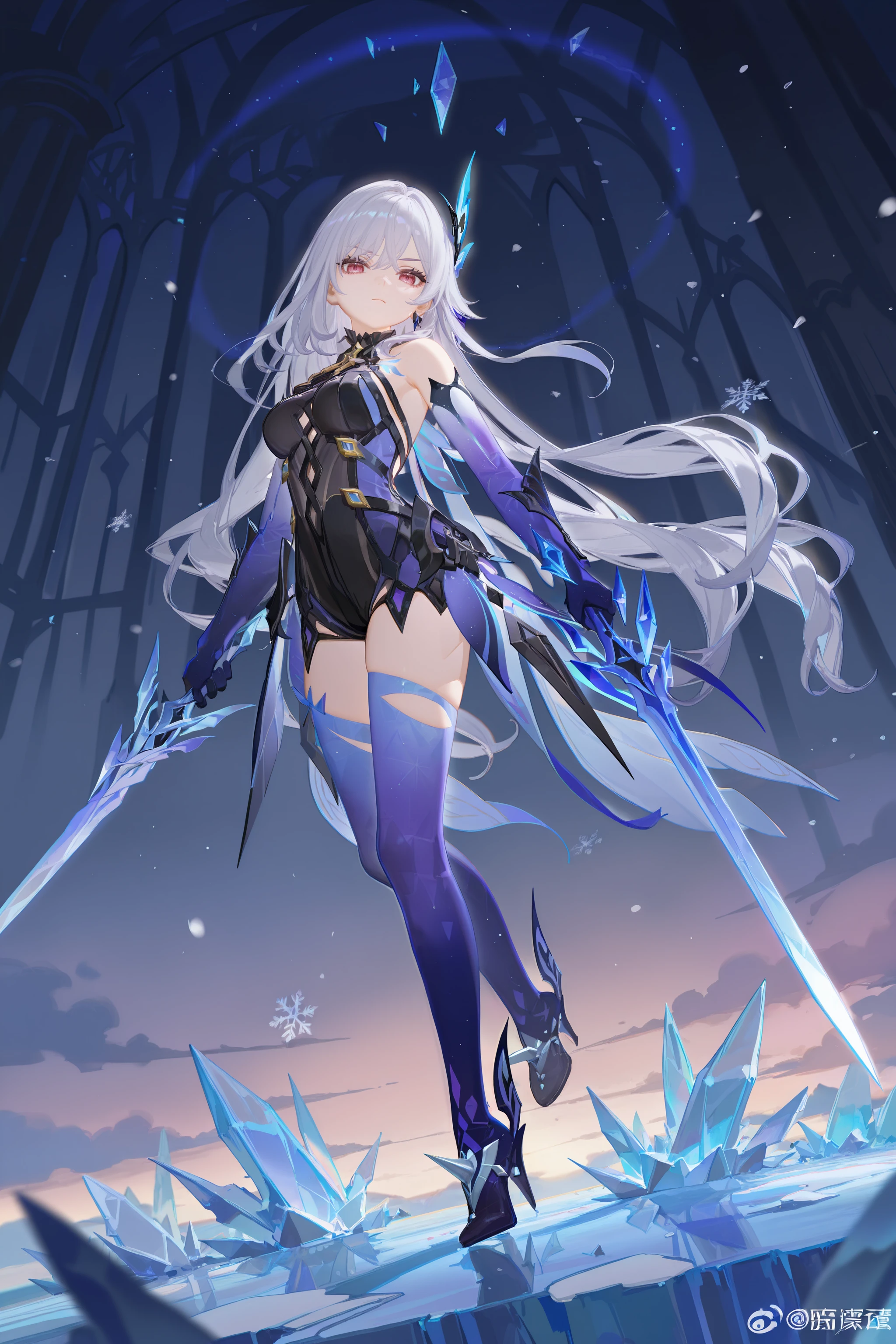 1girl, skirk \(genshin impact\), butterfly hair ornament, prosthetic leg, prosthetic arm, arm armor, black halter leotard, chest tattoo, faulds, winged high heels, full body, snowflakes, crystal, scenery, ice, crystal, looking at viewer, floating hair, glaring, holding sword <lora:Char-Genshin-Skirk-V2-IL:0.9>, ciloranko, alphonse \(white datura\), ask \(askzy\), gomzi, you shimizu
masterpiece, best quality, amazing quality, very aesthetic, absurdres, newest, (scenery, volumetric lighting)