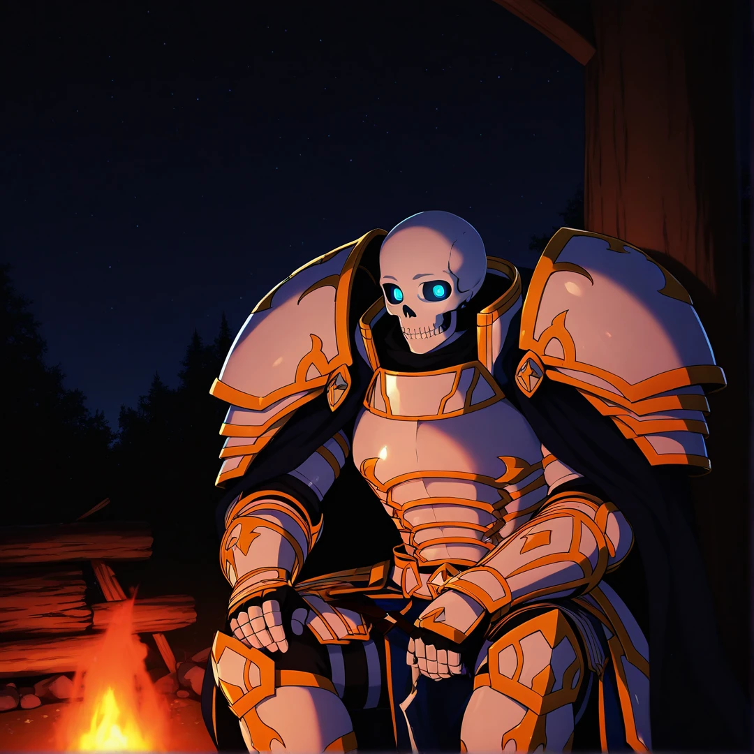 <lora:Arc:1>,arc,armor,1boy,solo,male focus,skull, blue pupils,masterpiece,night sky,campfire,<lora:DarkerThanBlackIllustrious:1>,masterpiece \(quality\),dark,