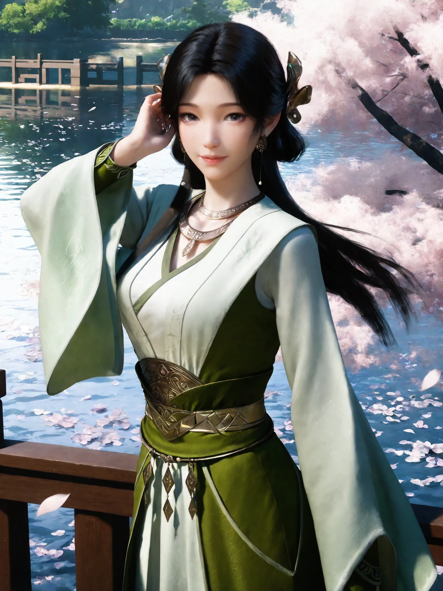1girl,solo,upper body,from above,looking at viewer,peep,
<lora:meining_ill_V10:0.9>,
meining,long hair,hair ornament,black hair,light smile,double-layered choker,gold dangle earrings,happy,
wide sleeves,long sleeves,green hanfu-inspired dress,gold sash,chinese-style pants,
(adjusting_hair:1.2),standing near railing,day,detailed background,lake side,white petals falling,tree,light wind through,
(masterpiece, best quality, ultra high res),realistic,