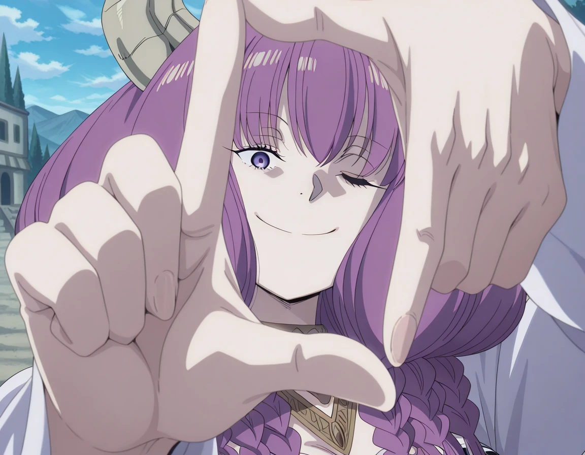 masterpiece, best quality, amazing quality,, <lora:aura-the-guillotine-s1-illustriousxl-lora-nochekaiser:1>, aura the guillotine, aura (sousou no frieren), long hair, purple eyes, purple hair, braid, horns, twin braids, mature female, medium breasts, anime screencap, <lora:yoshikage-kira-finger-frame-illustriousxl-lora-nochekaiser:1>, yoshikage kira finger frame, finger frame, hands up, outstretched arms, foreshortening, solo, looking at viewer, smile, upper body, outdoors, necktie, one eye closed, parody, meme,, , ,