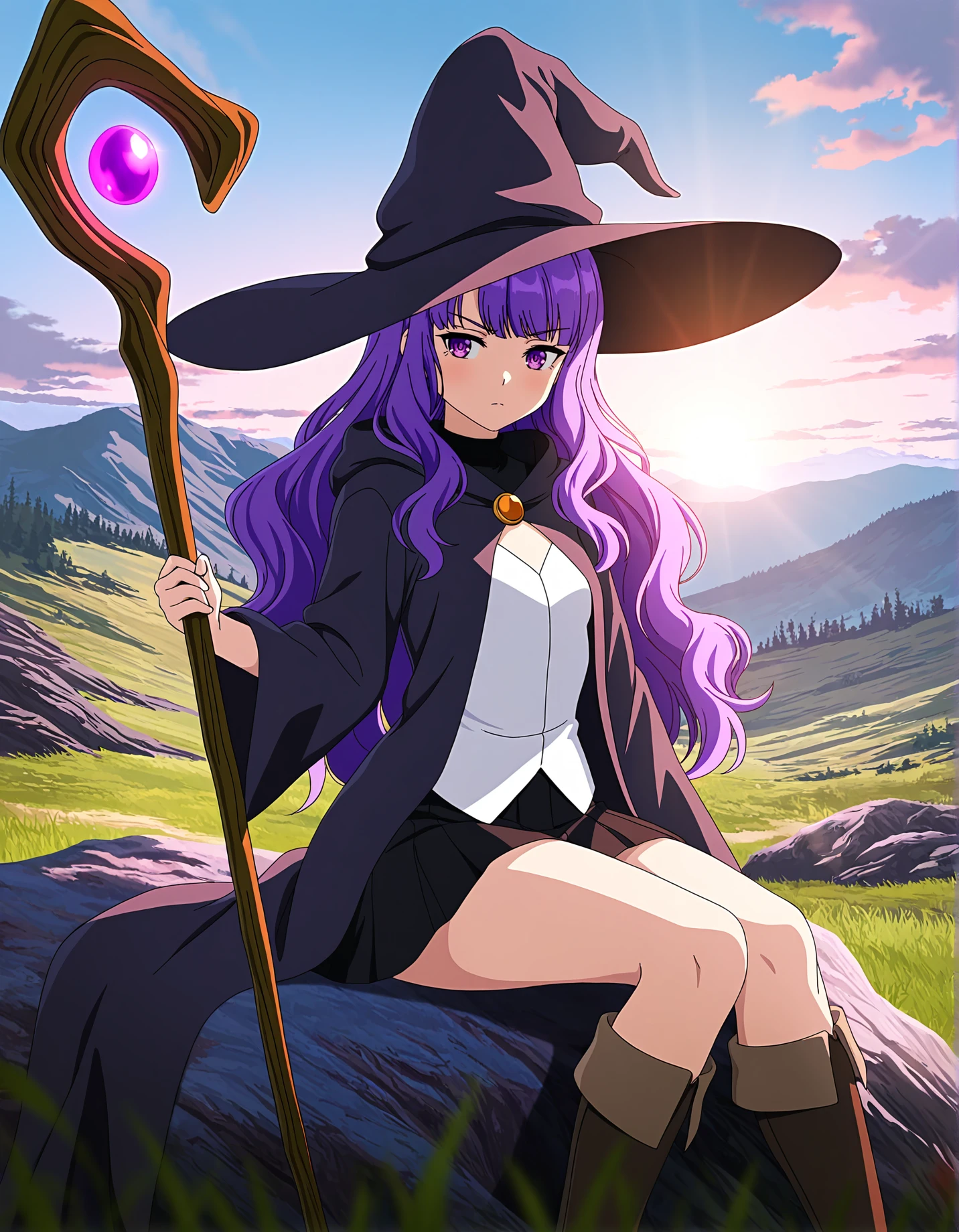 <lora:BTLeanne:0.4> btleanne, tiny , witch hat, black robe, white vest, black skirt, knee boots,
sitting, outdoors, battlefield, holding staff, epic lighting, cinematic, sunrise, <lora:Smooth Lighting Enhancer NoobAI:1>, SmoothNoob_Quality, best quality, masterpiece, absurdres, extreme details
