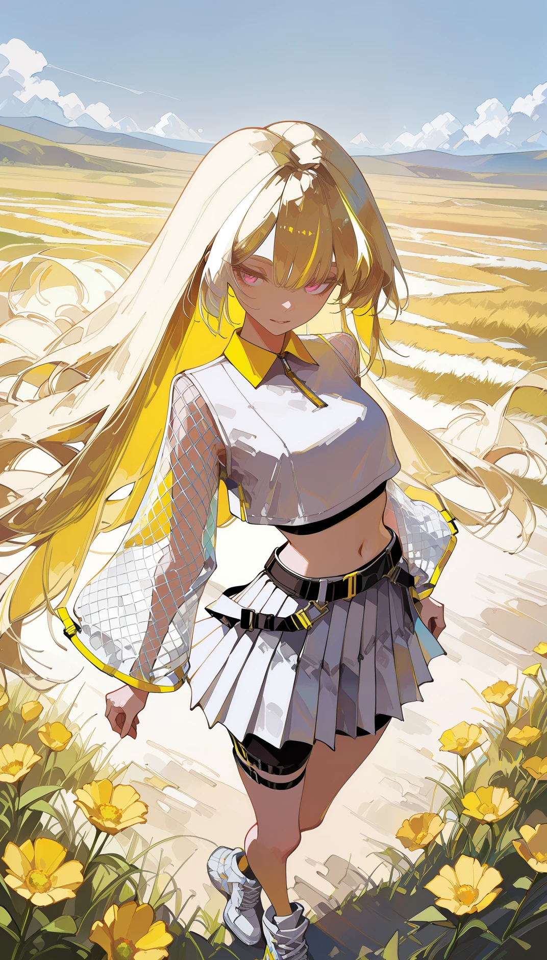 Flatline, Flat vector illustration, masterpiece, best quality, amazing quality, very aesthetic, absurdres, newest, scenery,
, jitome, Dancing like a zombie, upper body, from above, , AeroStriker, 1girl,blonde hair, very long hair,multicolored hair, white highlighted hair, pink eyes,white crop top, mesh sleeves,
tennis skirt, very short skirt, pleated mini skirt, white skirt, yellow accent, belt, sporty fashion,tight black shorts under skirt,white high-top sneakers, white sneakers, yellow trim shoes, thigh straps, mesh clothing, midriff, exposed navel,
,
yellow and white theme,
wide grasslands, wind sweeping through tall grass, vibrant wildflowers blooming, clear blue sky above, gentle sunlight, scattered fluffy clouds,, animated, dynamic angle, close-up,portrait, fisheye lens, detailed face,colorful, close-up, masterpiece, best quality, amazing quality, very aesthetic, absurdres, newest, scenery, volumetric lighting