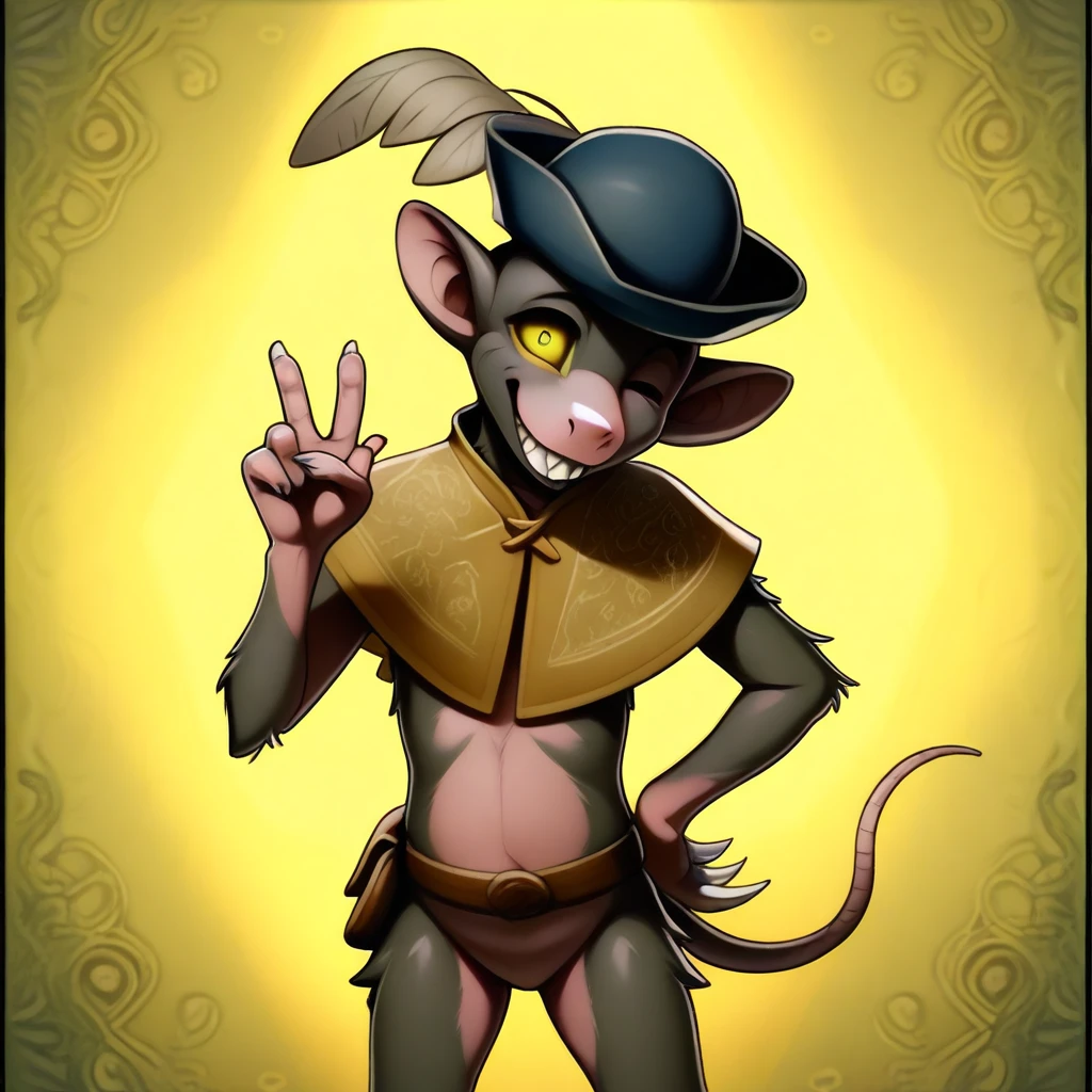 boc_eldenring, 1boy, solo, furry male, yellow sclera, yellow eyes, one eye closed, buck teeth, sharp teeth, grin, smile, pointy ears, blue hat, hat feather, short tail, rat tail, yellow feather, masterpiece, absurdres, amazing quality, hires, ultra detailed, best quality, cowboy shot, yellow capelet, patterned clothes, belt, pouch, body fur, bottomless, no penis, standing, finger claws, hand up, v, hand on own hip, looking at viewer, head tilt, psychedelic background, backlighting, perfect lighting,