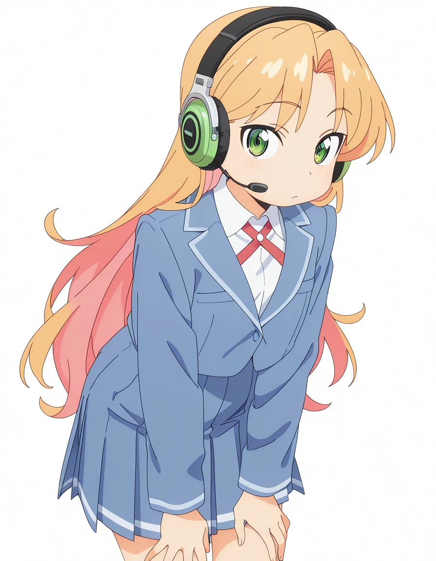 masterpiece, best quality, amazing quality,, <lora:ruri-tanigawa-alpha-illustriousxl-lora-nochekaiser:1>, ruri tanigawa, long hair, blonde hair, green eyes, pink hair, multicolored hair, orange hair, parted bangs, colored inner hair, anime screencap, shirt, skirt, long sleeves, jacket, white shirt, pleated skirt, collared shirt, red ribbon, blue skirt, neck ribbon, blue jacket, blazer, hands on own knees, music store, browsing records, headphones, vinyl collection, nostalgic, cowboy shot, solo, looking at viewer, <lora:transparent-background-illustriousxl-lora-nochekaiser:1>, transparent background, simple background, white background