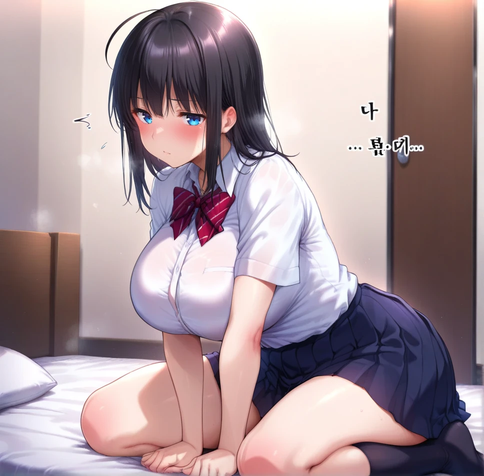 1girl and 1man, duo, indoors, love hotel, background, (view from side), big breasts, nipples, money, prostitution, bobcut, blush, black hair, a man fucks her virgin pussy, vaginal, virgin, (defloration), pain, tears, doggystyle, spread legs, vaginal,  trickle of blood, on bed, grasping sheets, fat man, detailed thick female pubic hair, (big penis), thrusting, open and unbuttoned school-shirt, skirt, voluptuous, love hotel room, heavy atmosphere, thrusting, (motion lines), (dark room), virgin blood, kirigaya suguha, old fat man, top down ass up, blood on bedsheet, impregnation, x-ray,