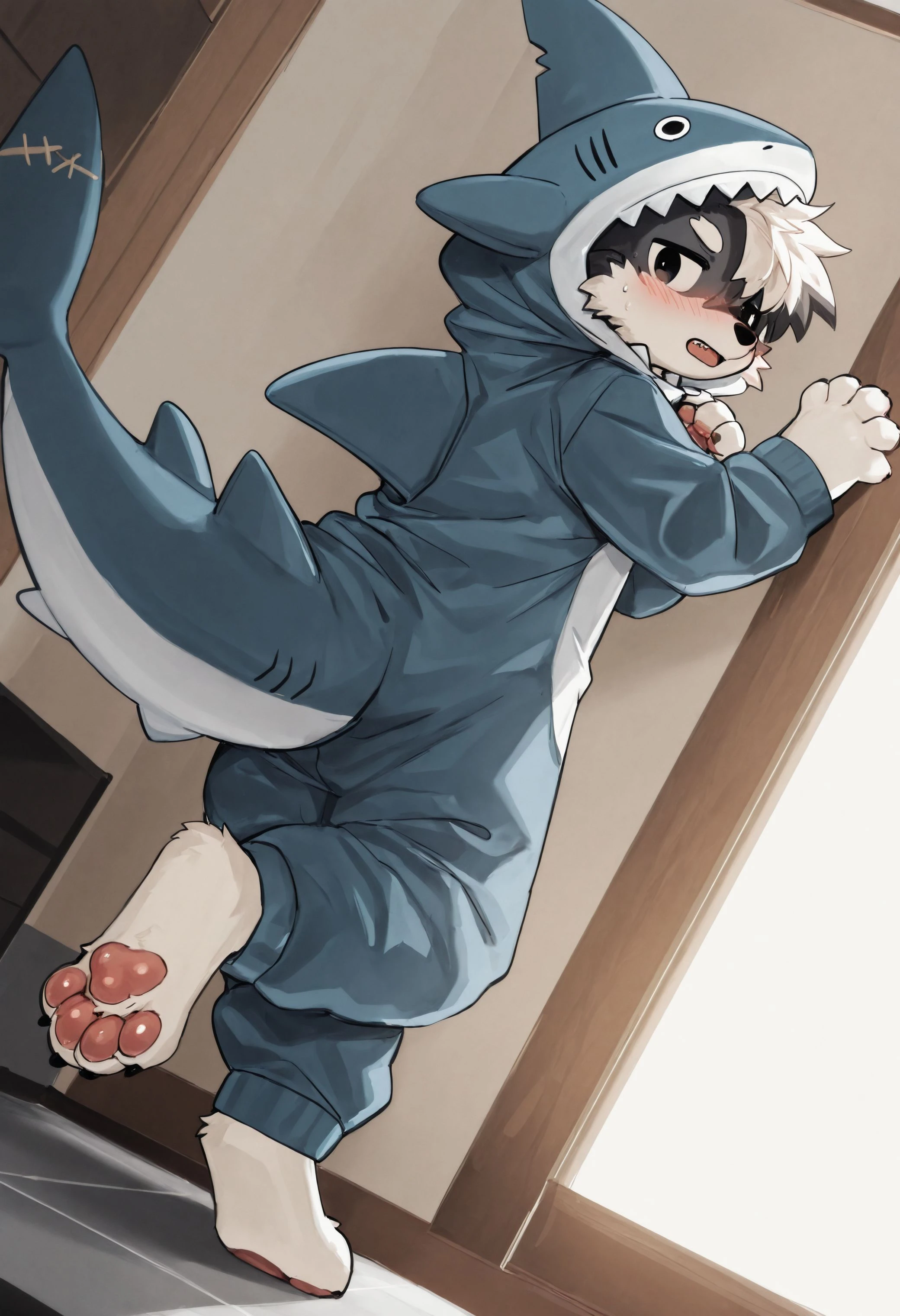 best quality, amazing quality, very aesthetic, absurdres, hires, newest, by dr_kiyo, solo, 1boy, furry, furry male, dog boy, blush, paws, pawpads, shark kigurumi, dutch angle, <lora:Dr.Kiyo_style_Illustrious:1>
