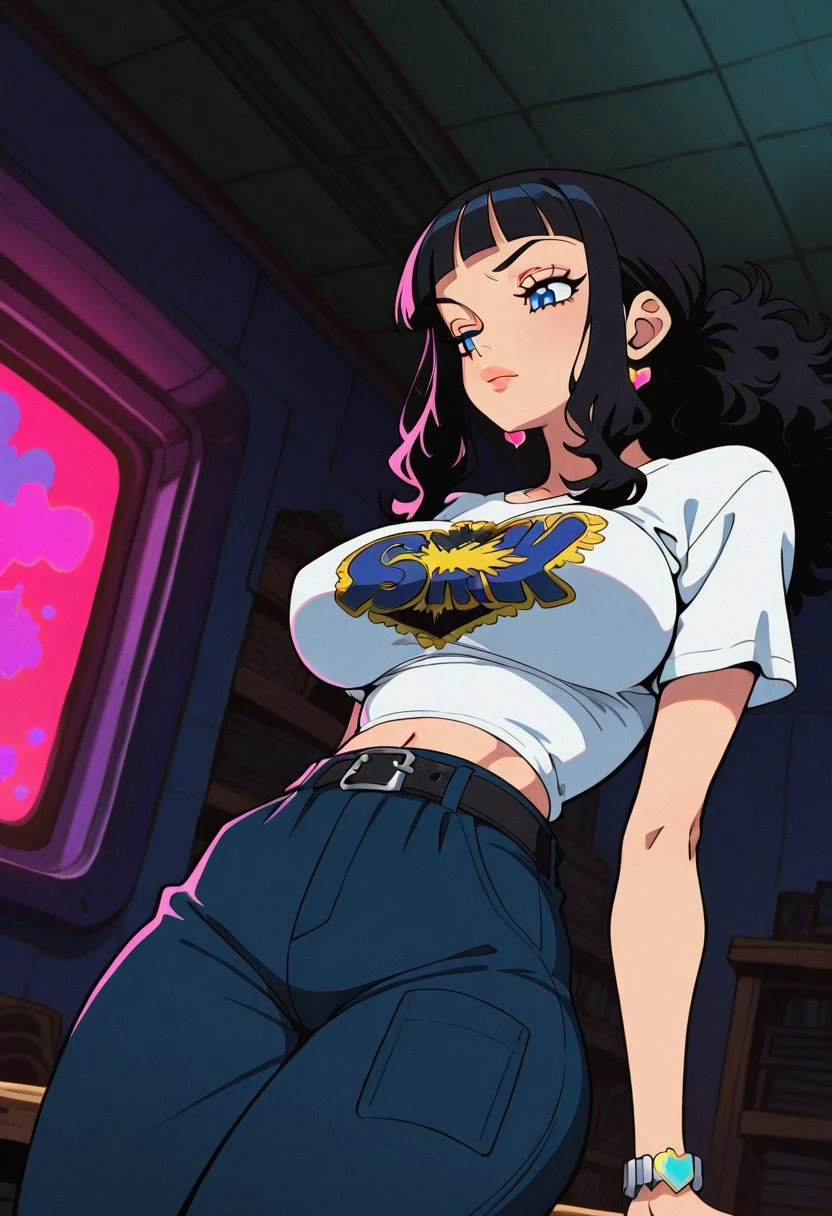 BookstorePartTimerOP, 1girl, solo, black hair, long hair, blunt bangs, blue eyes, lips, heart earrings, makeup, jewelry, large breast, thick thighs, white shirt, print shirt, navel, midriff, groin, blue apron, pants, dark blue pants, bracelet, belt, short sleeves,
masterpiece, best quality, fine details, intricate details, depth of field, subsurface scattering, bokeh, ultra-detailed, very aesthetic, detailed background, newest, scenery, highres, absurdres, colorful, vibrant, glowing, perfect face, 2d, perfect eyes, vibrant saturated colors, volumetric lighting, sharp, detailed eyes, perfect anatomy, perfect face, perfect eyes, mature body, clear eyes, beautiful eyes, athletic, curvy body, athletic girl, perky tits, perfect tits, round breasts, pinup pose, teasing, lustful expression, perfect hands,
muscular female, dutch angle, dynamic pose,
,Smooth Negative, Smooth_Quality,
film grain, retro artstyle,1990s \(style\)