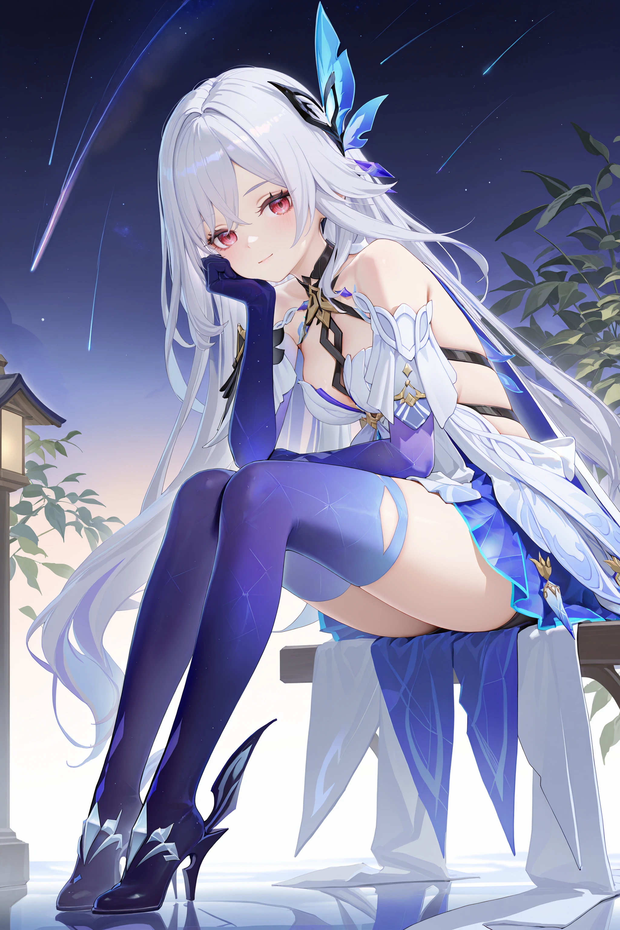 1girl, skirk \(genshin impact\), butterfly hair ornament, prosthetic leg, prosthetic arm, multicolored cape, winged high heels, white halter dress, arm cuffs, chest tattoo, looking at viewer, starry sky, shooting star, light smile, blush, embarrassed, full body, reclining <lora:Char-Genshin-Skirk-V2-IL:0.9>, (fkey:0.5), (fuzichoco:0.6), ningen mame, sho lwlw, (rhasta:0.9), (wlop:0.7), (ke-ta:0.6), chen bin, (hyouuma:0.8)
masterpiece, best quality, amazing quality, very aesthetic, absurdres, newest, (scenery, volumetric lighting)