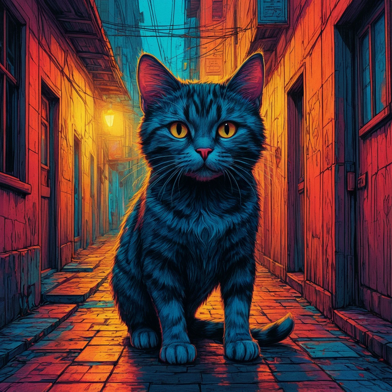 A vibrant drawing of a cat in a alley.
<lora:NeoManga01_CE_XL_200-OT:0.4> neomngaCE_style