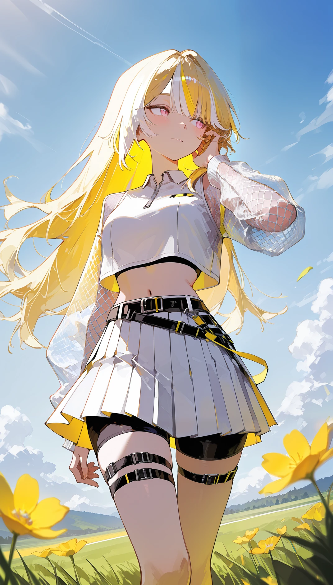 Flatline, Flat vector illustration, masterpiece, best quality, amazing quality, very aesthetic, absurdres,  newest, scenery,
, shy, averting eyes, looking to the side , Dancing as if doing the chicken dance, upper body, from below, , AeroStriker, 1girl,blonde hair, multicolored hair,  white highlighted hair, pink eyes, white crop top, mesh sleeves, tennis skirt, white skirt,belt, tight black shorts under skirt,white high-top sneakers,  thigh straps, mesh clothing, midriff, exposed navel,
,
yellow and white theme,
wide grasslands, wind sweeping through tall grass, vibrant wildflowers blooming, clear blue sky above, gentle sunlight, scattered fluffy clouds,, animated, dynamic angle, close-up,portrait, fisheye lens, detailed face,colorful, close-up, masterpiece, best quality, amazing quality, very aesthetic, absurdres, newest, scenery, volumetric lighting