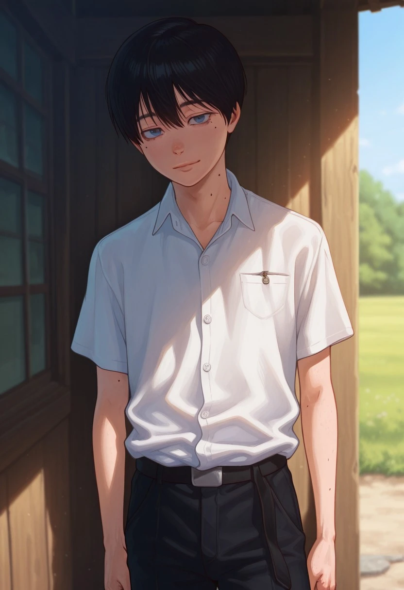 masterpiece, high quality, best quality, amazing quality, very aesthetic, absurdres, ultra-detailed, extremely detailed, realistic, volumetric lighting, (male focus, male only), day, depth of field, JackDraws, solo,
1boy, Black Hair, Grey Eyes, Mole, White Shirt, Short Sleeve, Black Pants, slight smile, gloomy expression, masterpiece, best quality, amazing quality, very aesthetic, absurdres, newest, very awa, photo-realistic detail, atmosphere focused, expressive lighting